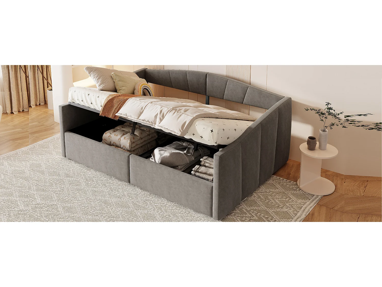 Lit/Sofabett 140×200 cm, avec rangement hydraulique, tissu en velours gris, barrière de sécurité et accoudoirs