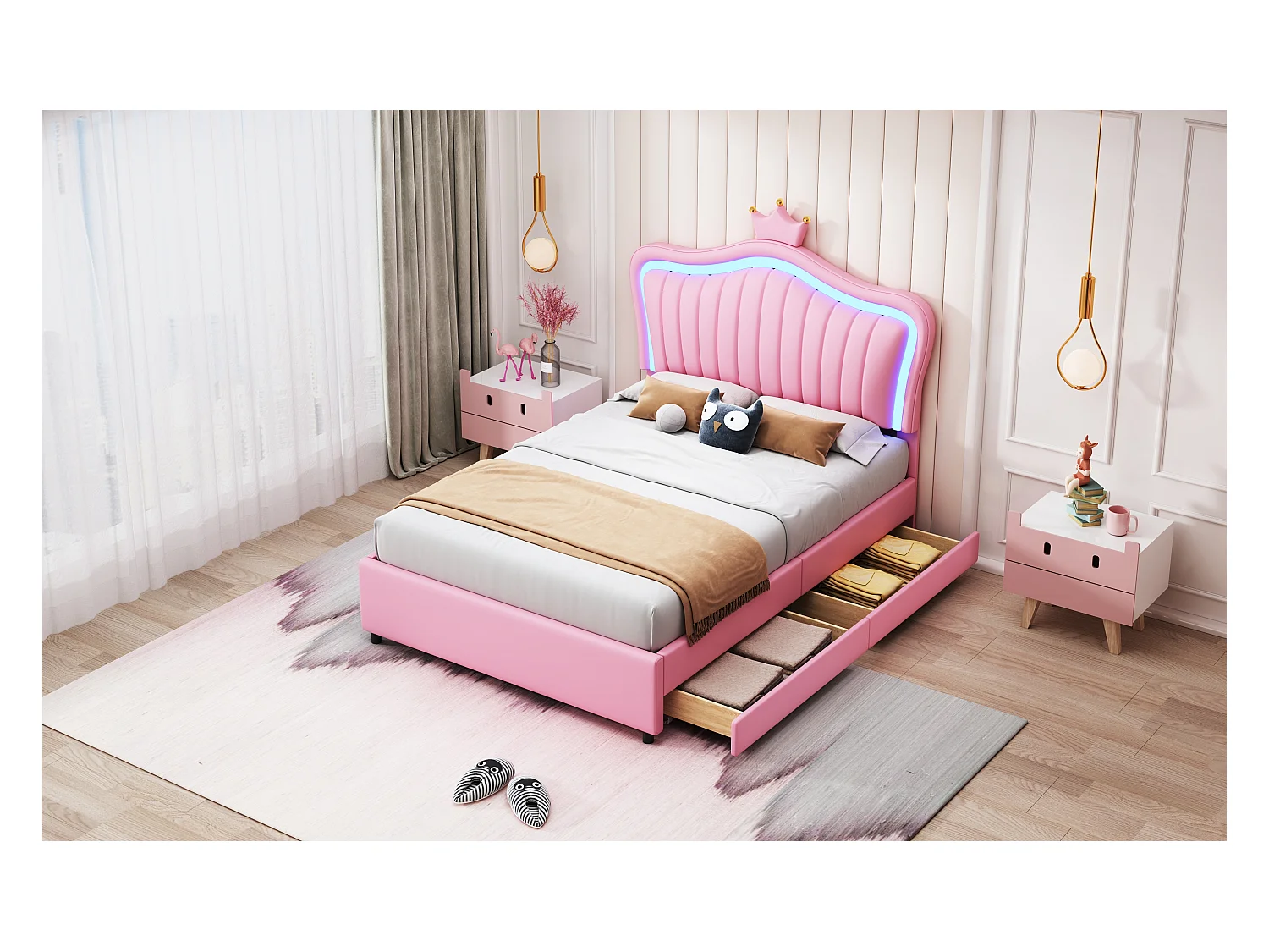 Lit enfant rembourré 90x200 cm, lit fille couronne rose, PU cuir, tiroirs, LED et sommier inclus