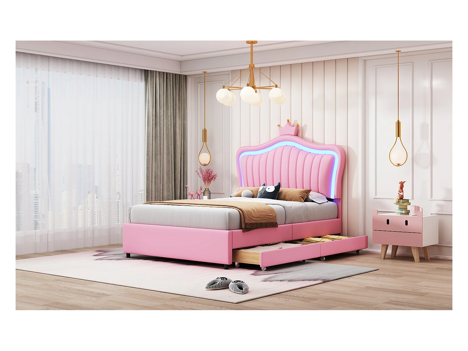 Lit enfant rembourré 90x200 cm, lit fille couronne rose, PU cuir, tiroirs, LED et sommier inclus