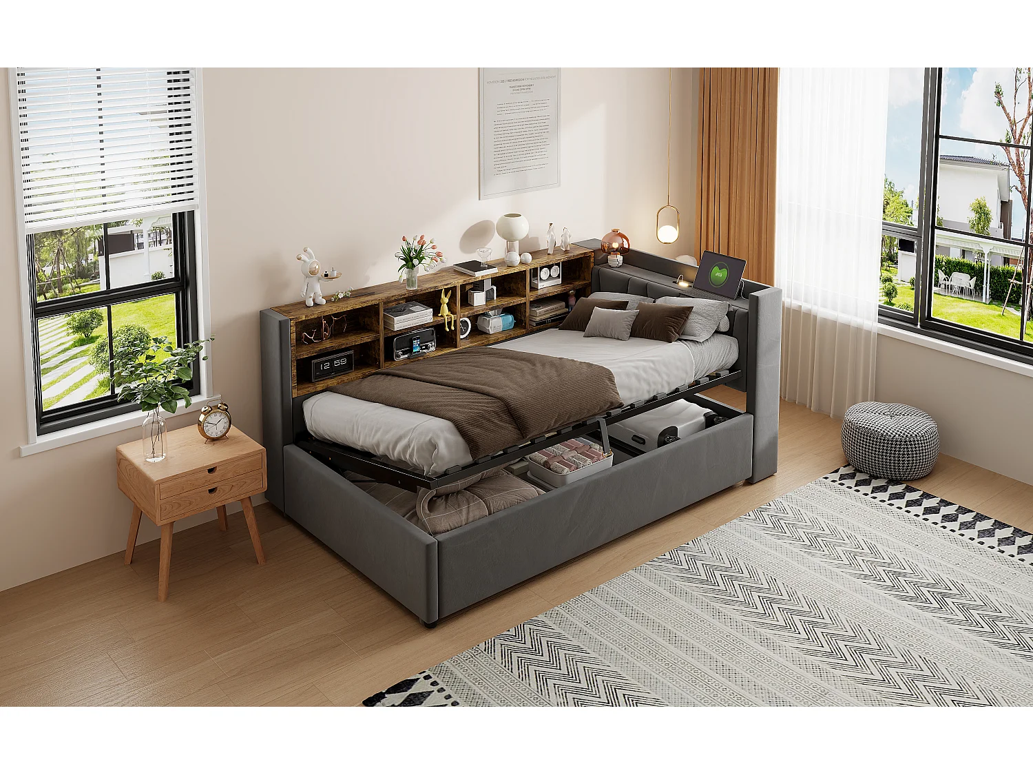 Lit multifonctionnel 90×200 cm, avec rangement hydraulique, éclairage nocturne et ports USB, en velours gris