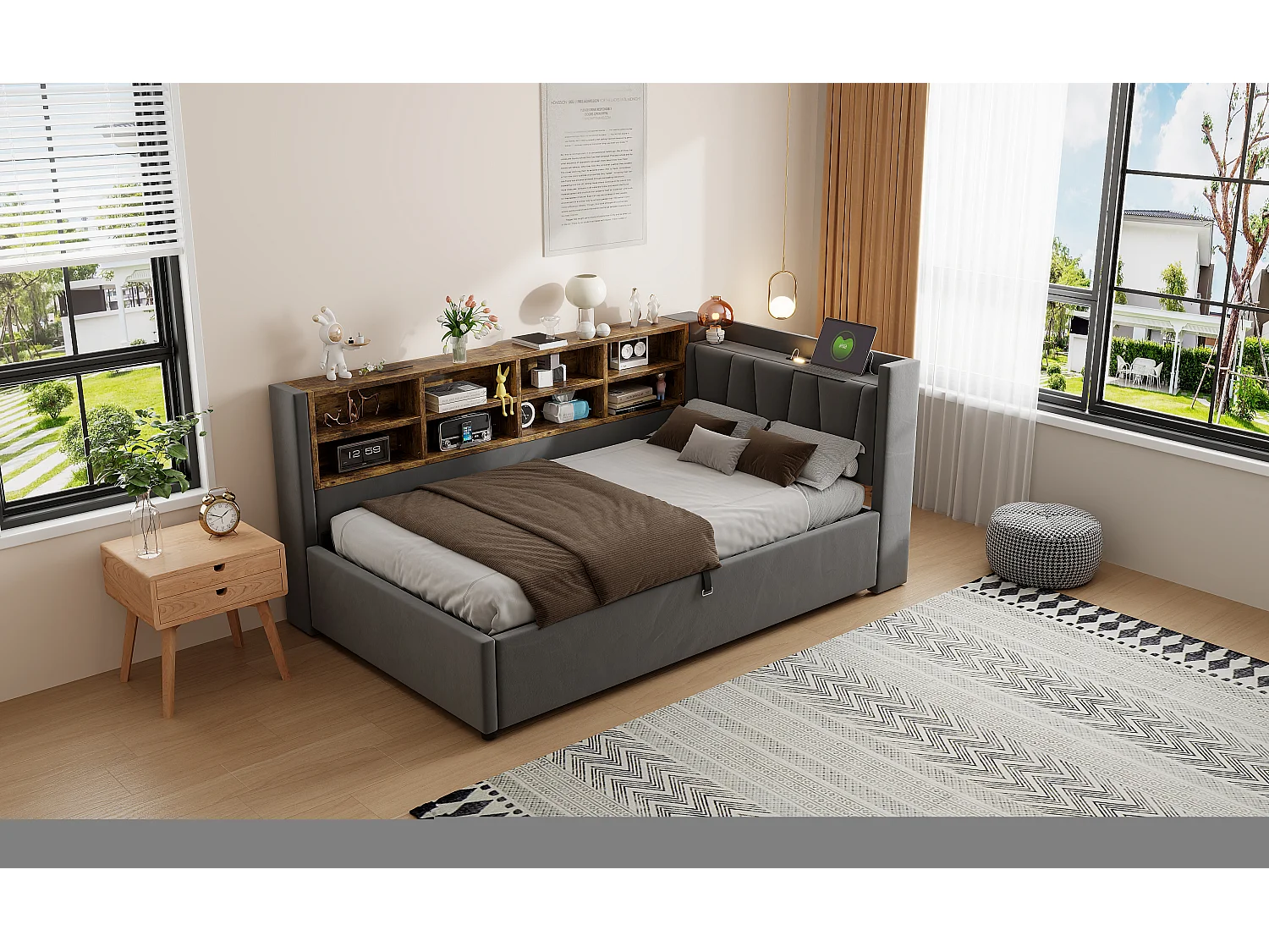 Lit multifonctionnel 90×200 cm, avec rangement hydraulique, éclairage nocturne et ports USB, en velours gris