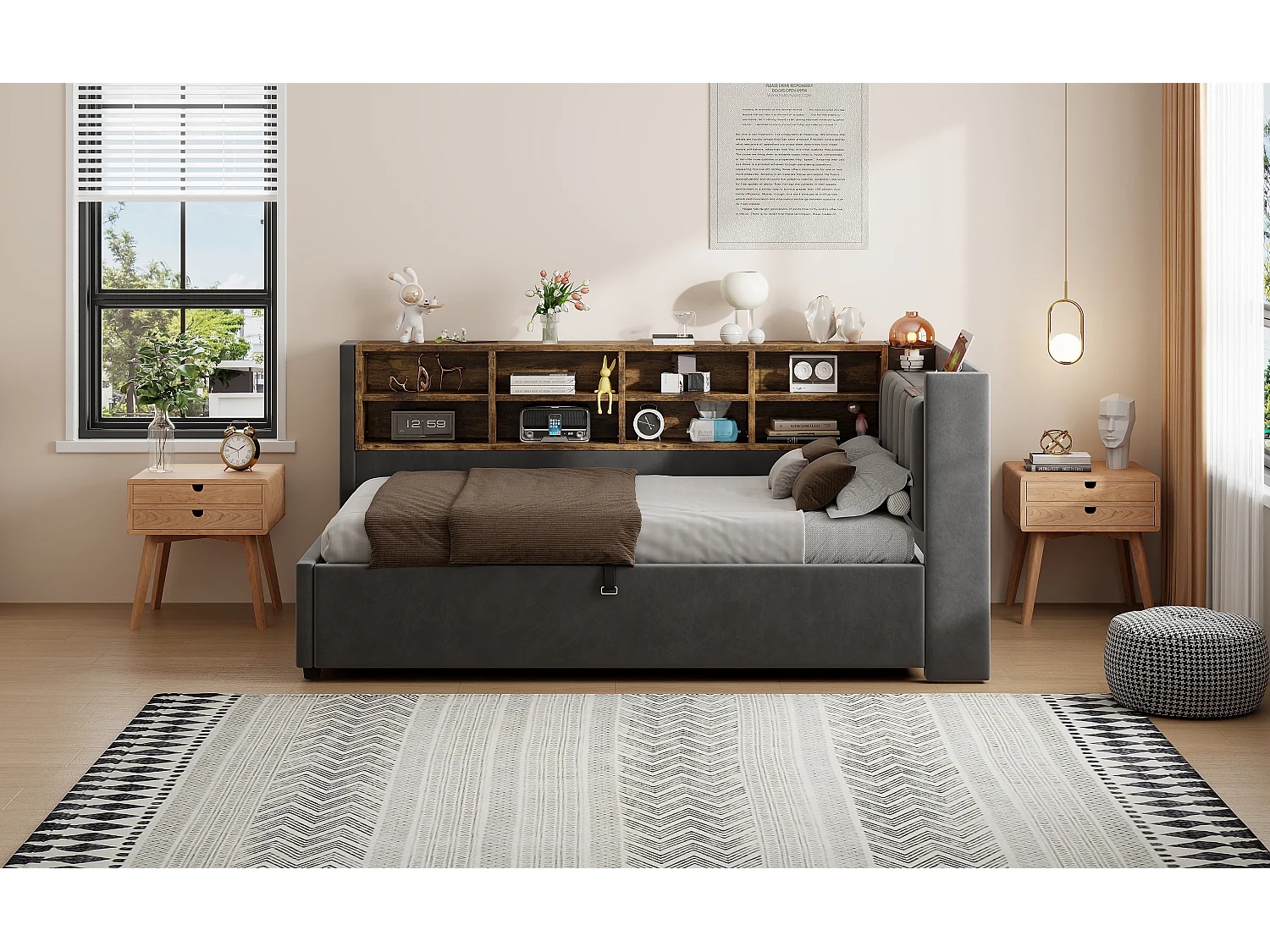 Lit multifonctionnel 90×200 cm, avec rangement hydraulique, éclairage nocturne et ports USB, en velours gris