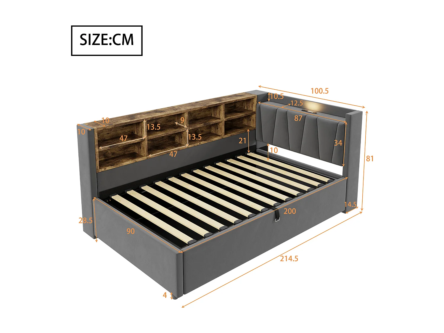 Lit multifonctionnel 90×200 cm, avec rangement hydraulique, éclairage nocturne et ports USB, en velours gris
