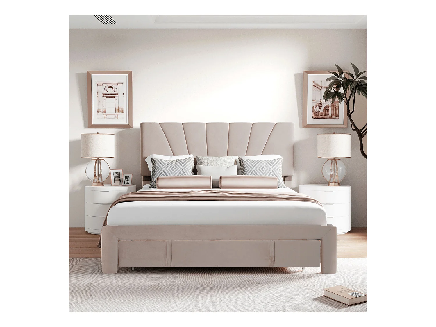 Lit rembourré 140x200 cm avec sommier, tête et grand tiroir, velours beige, lit adulte et junior, matelas non inclus
