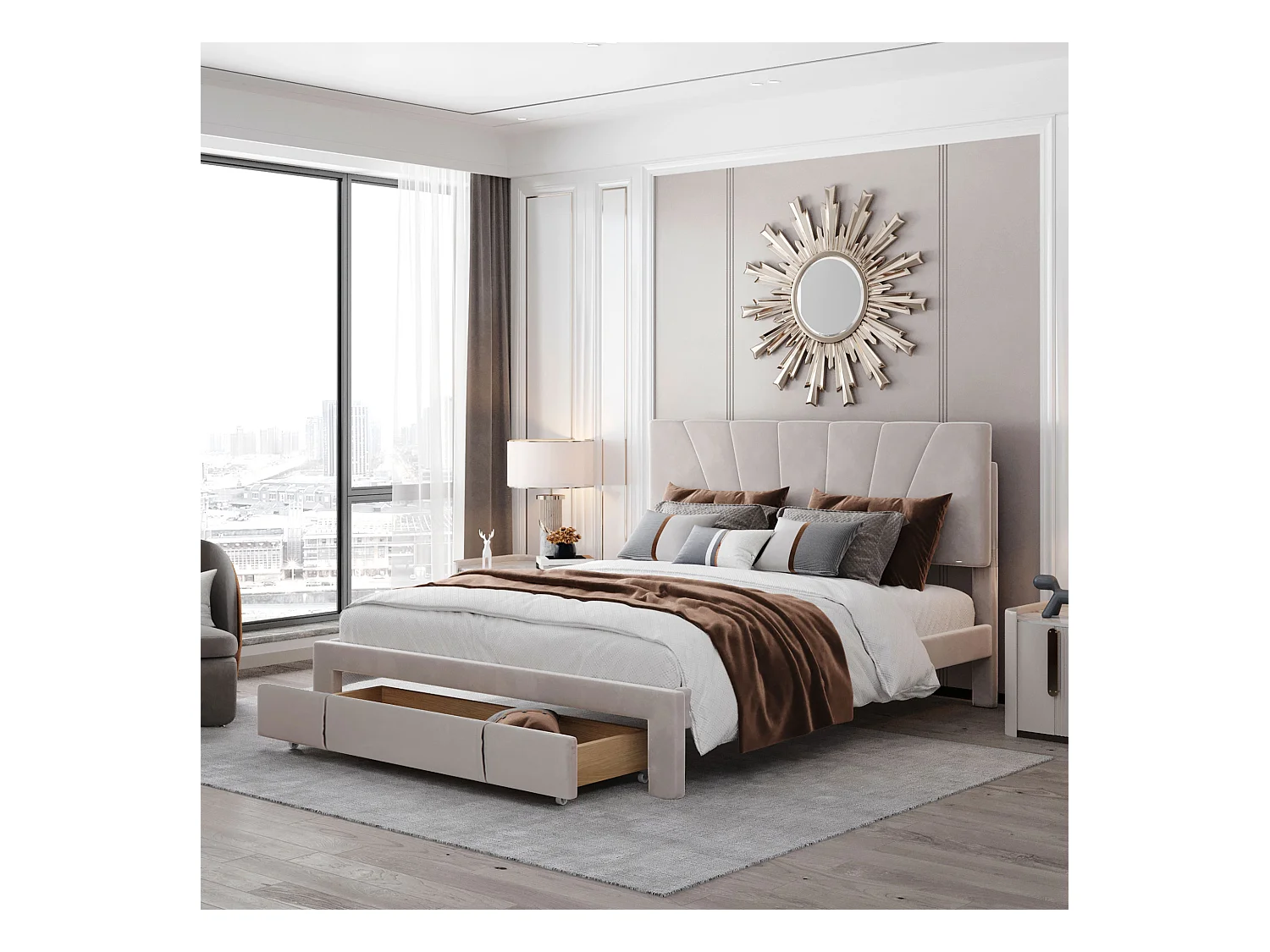 Lit rembourré 140x200 cm avec sommier, tête et grand tiroir, velours beige, lit adulte et junior, matelas non inclus