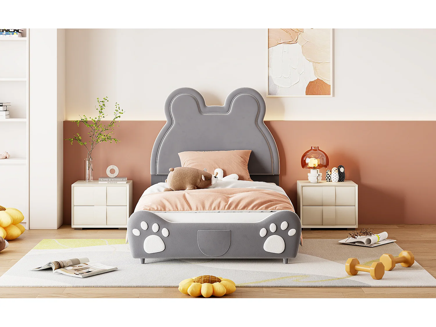 Lit enfant rembourré 90x200 cm, lit ours, velours gris, lit simple