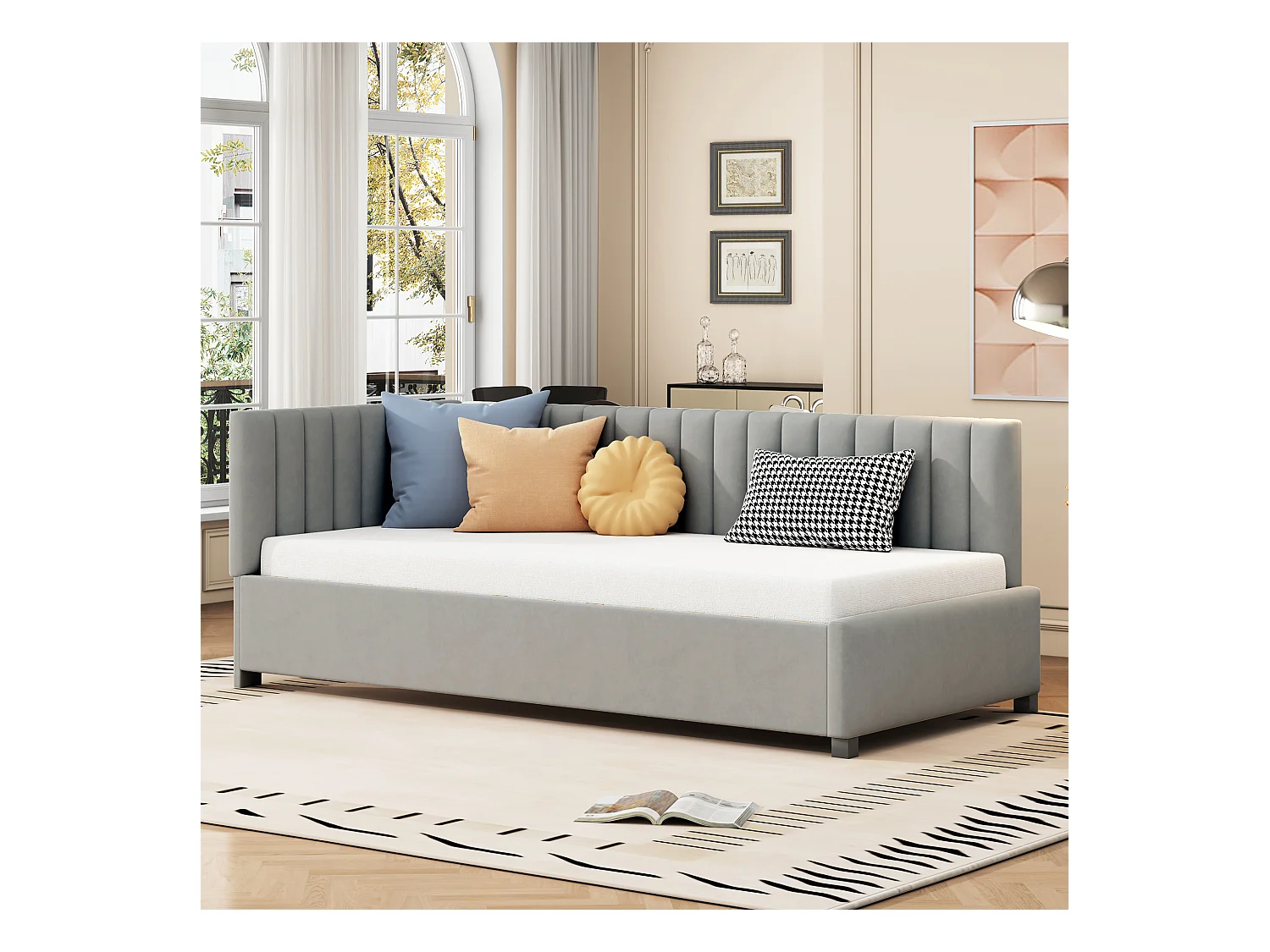 Lit multifonctionnel 90×200 cm en velours gris avec échelle et barrières de sécurité