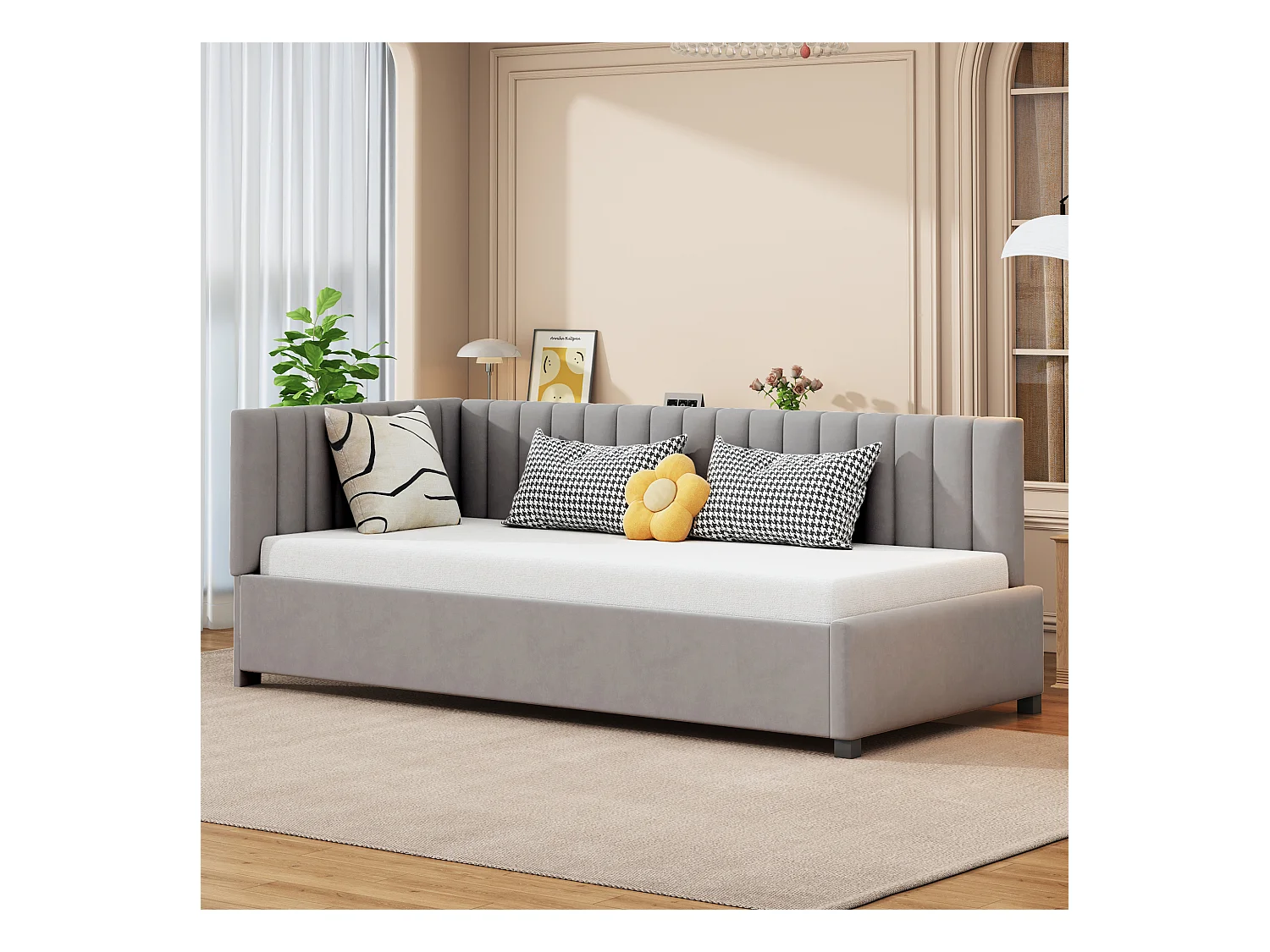 Lit multifonctionnel 90×200 cm en velours gris avec échelle et barrières de sécurité