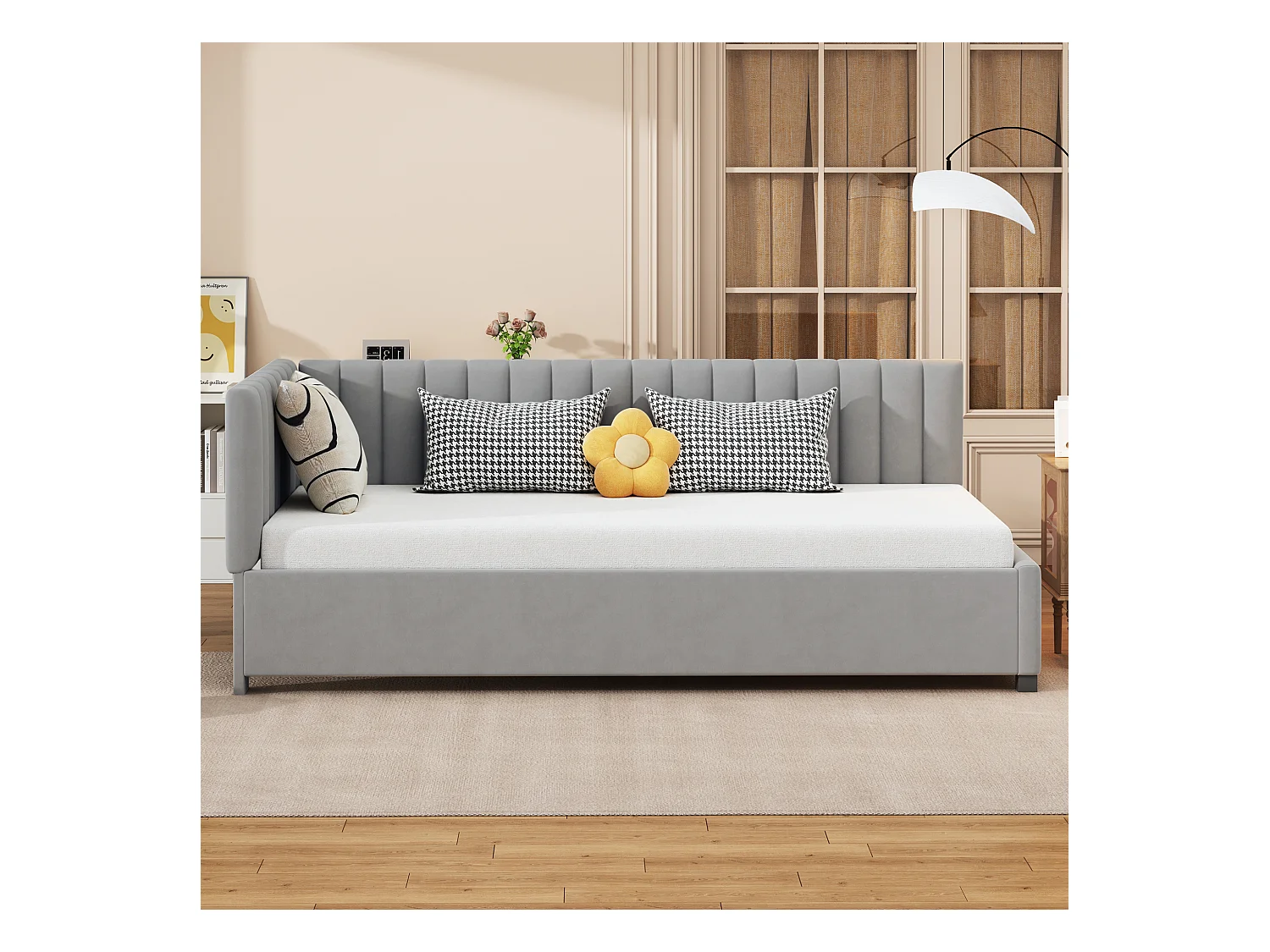 Lit multifonctionnel 90×200 cm en velours gris avec échelle et barrières de sécurité