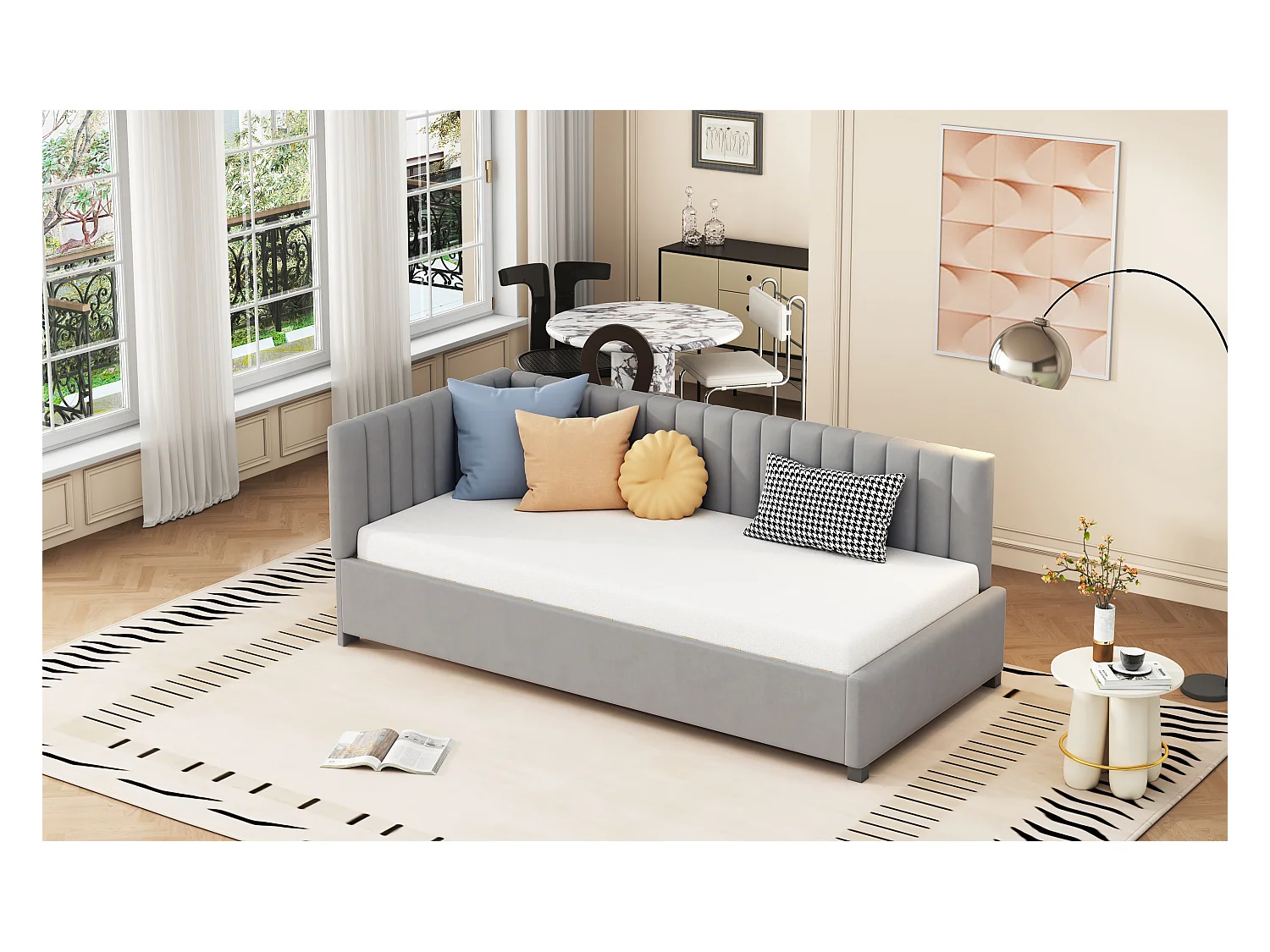 Lit multifonctionnel 90×200 cm en velours gris avec échelle et barrières de sécurité