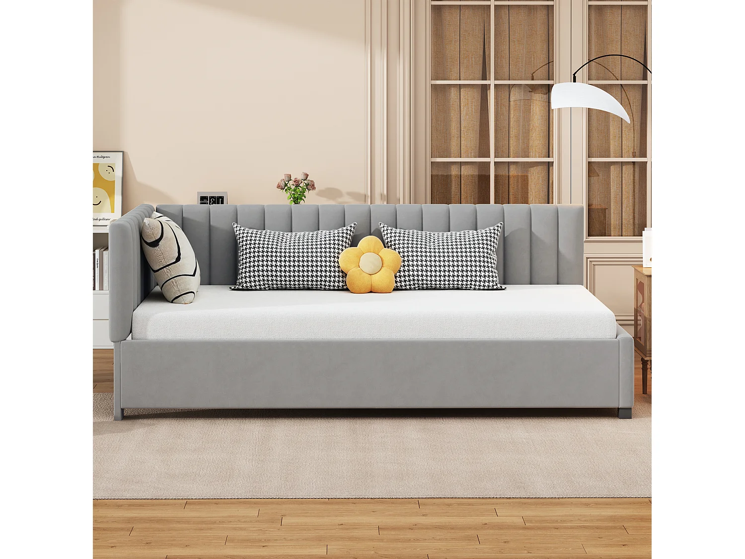 Lit multifonctionnel 90×200 cm en velours gris avec échelle et barrières de sécurité