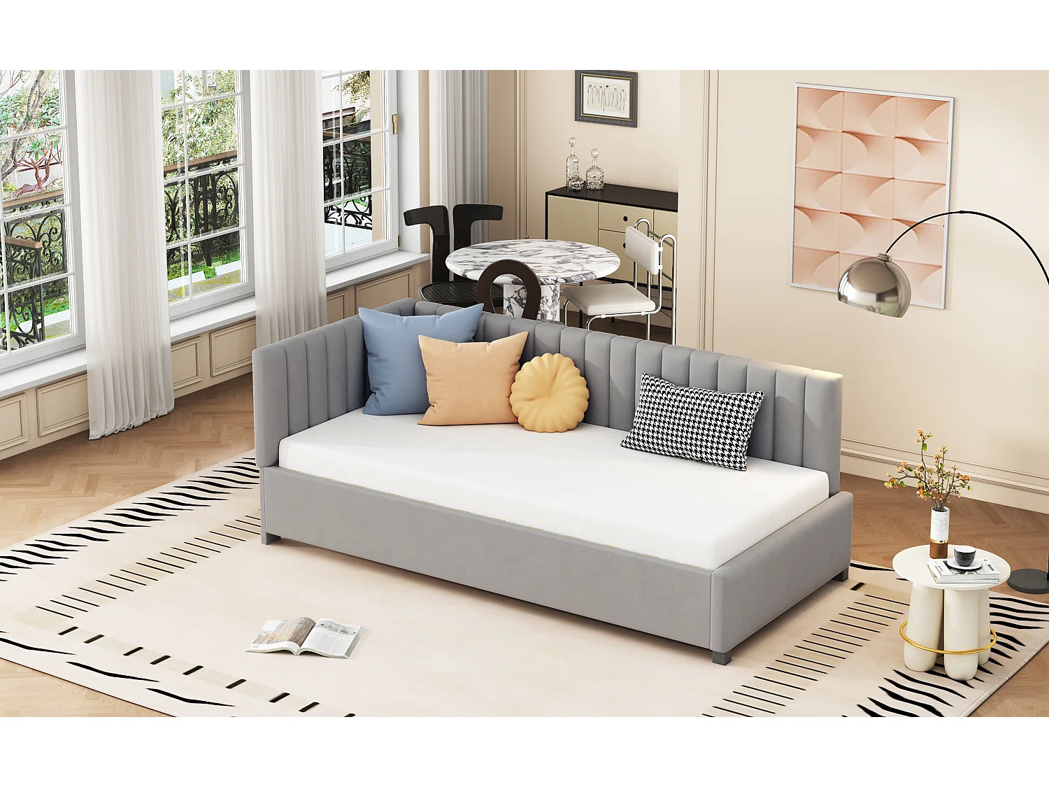 Lit multifonctionnel 90×200 cm en velours gris avec échelle et barrières de sécurité