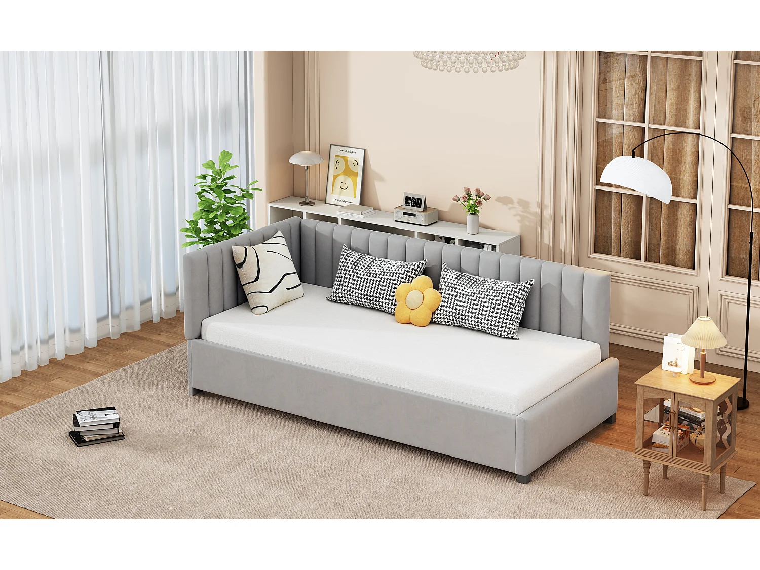 Lit multifonctionnel 90×200 cm en velours gris avec échelle et barrières de sécurité