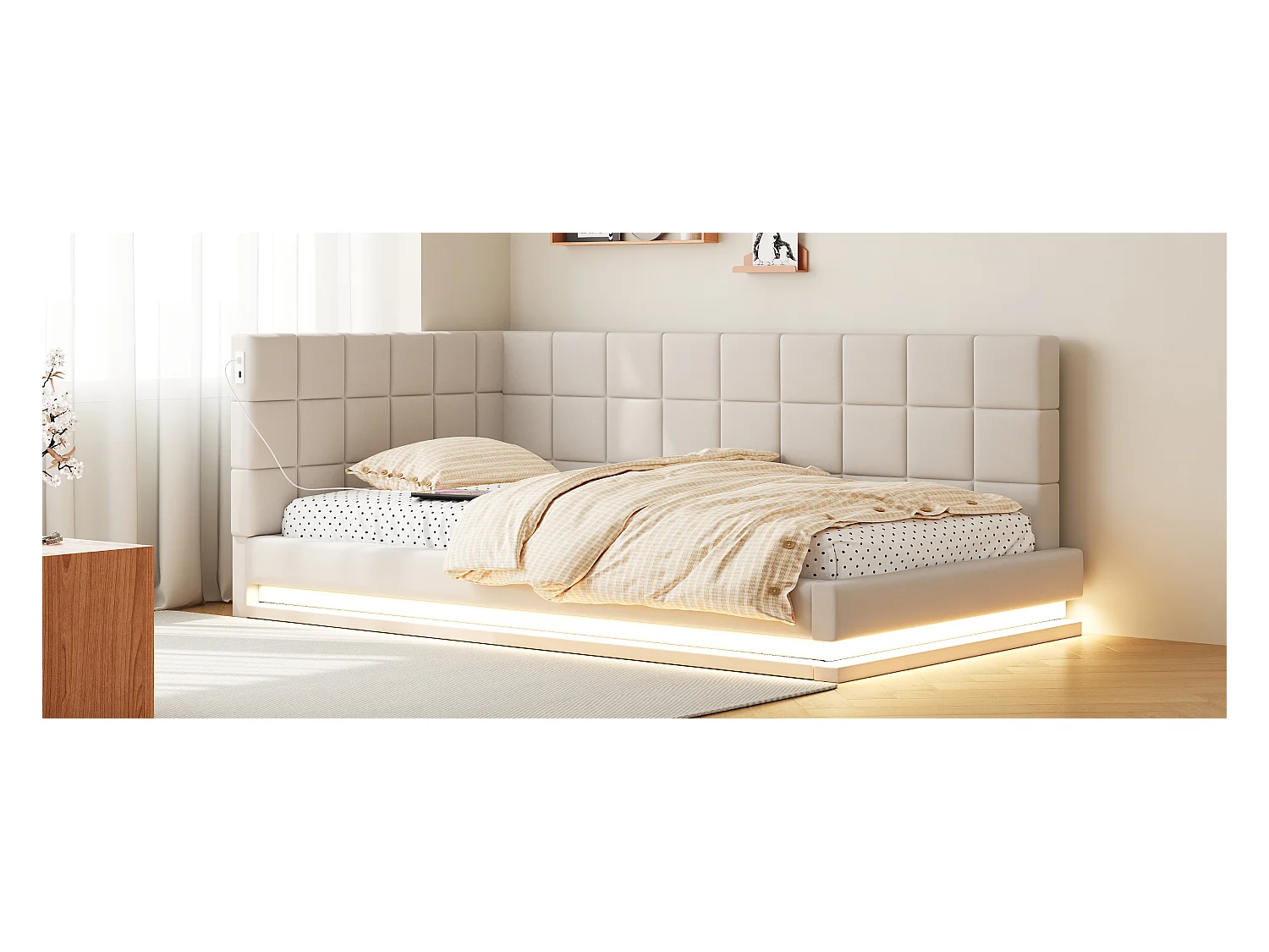 Lit de relaxation 90×200 cm en lin beige avec éclairage LED et prise USB, sommier à lattes robuste