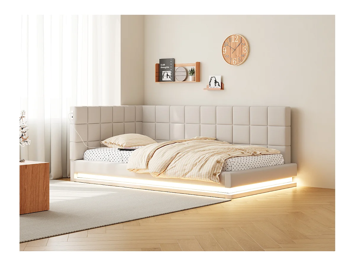 Lit de relaxation 90×200 cm en lin beige avec éclairage LED et prise USB, sommier à lattes robuste