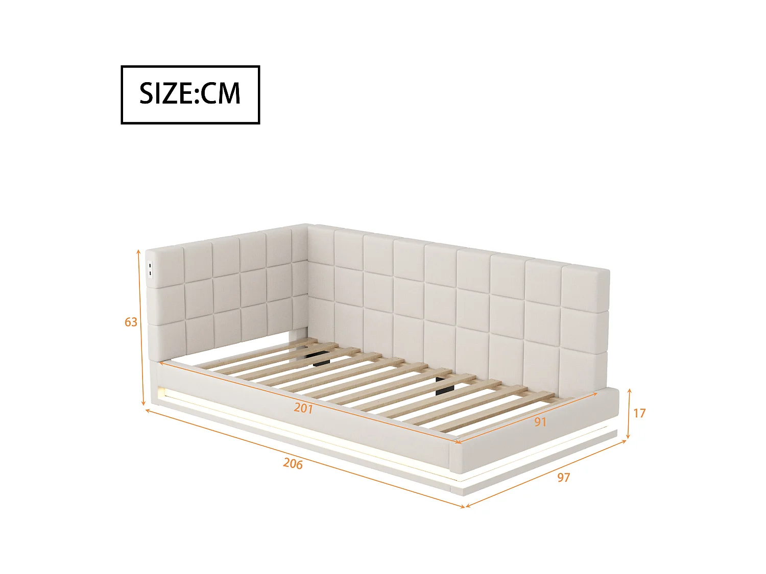 Lit de relaxation 90×200 cm en lin beige avec éclairage LED et prise USB, sommier à lattes robuste