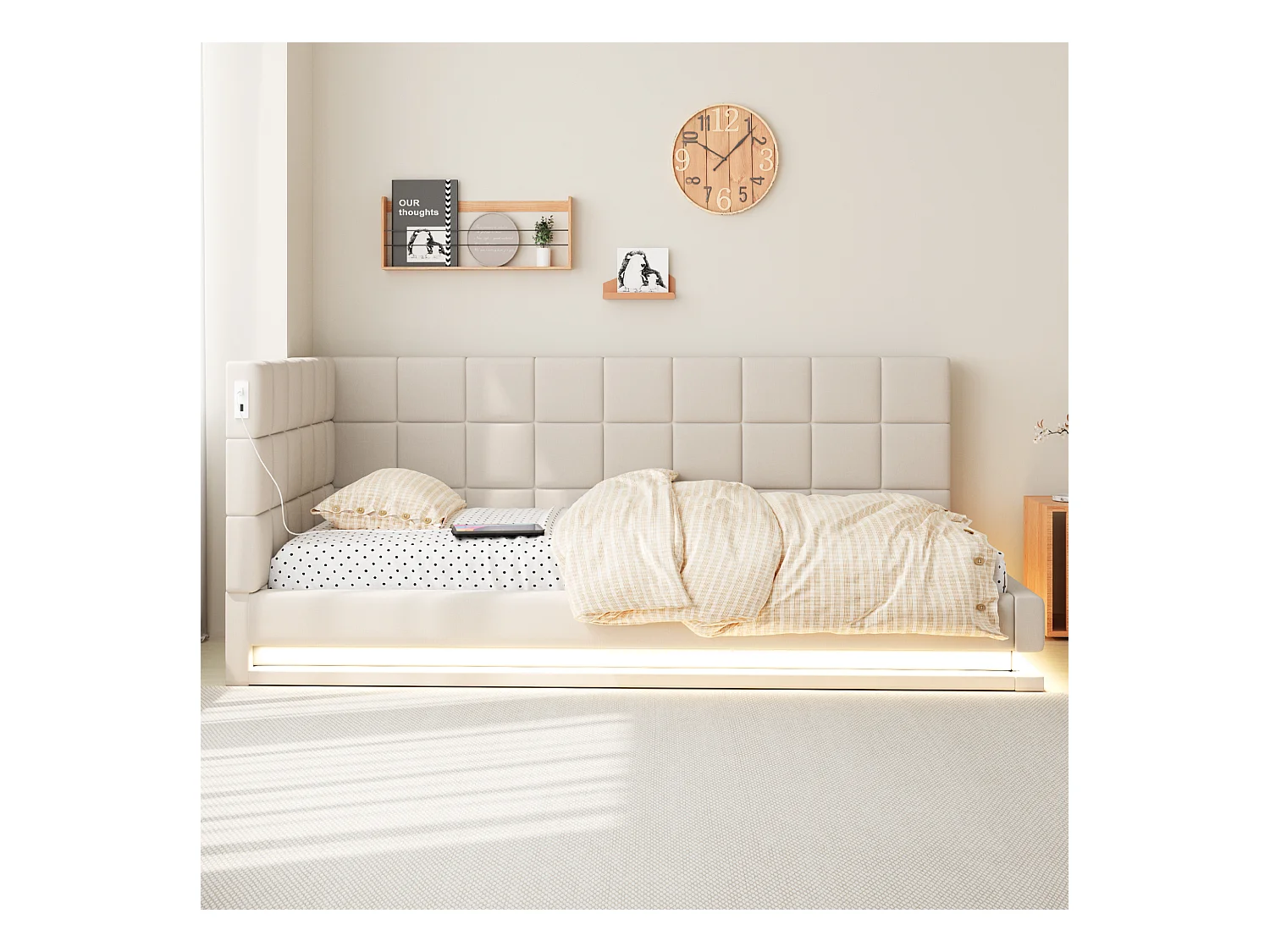 Lit de relaxation 90×200 cm en lin beige avec éclairage LED et prise USB, sommier à lattes robuste