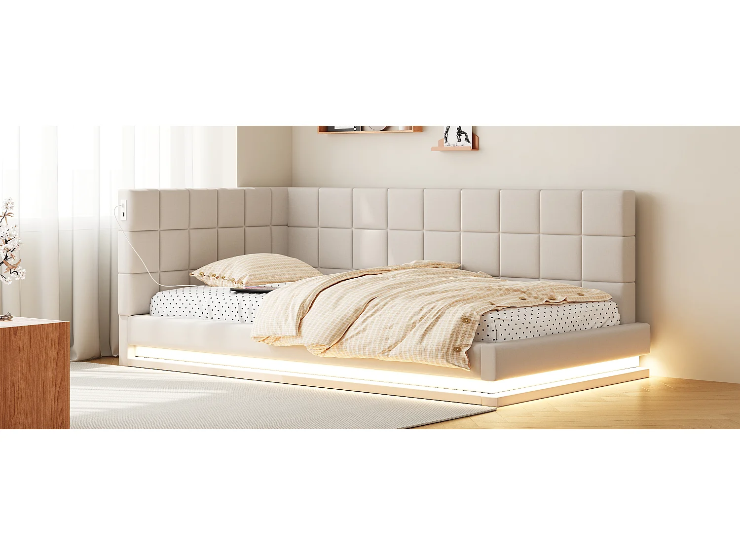 Lit de relaxation 90×200 cm en lin beige avec éclairage LED et prise USB, sommier à lattes robuste