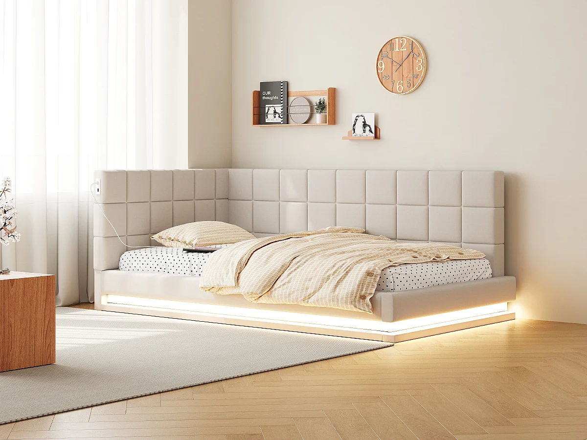 Lit de relaxation 90×200 cm en lin beige avec éclairage LED et prise USB, sommier à lattes robuste