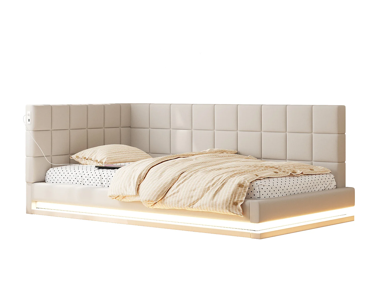 Lit de relaxation 90×200 cm en lin beige avec éclairage LED et prise USB, sommier à lattes robuste