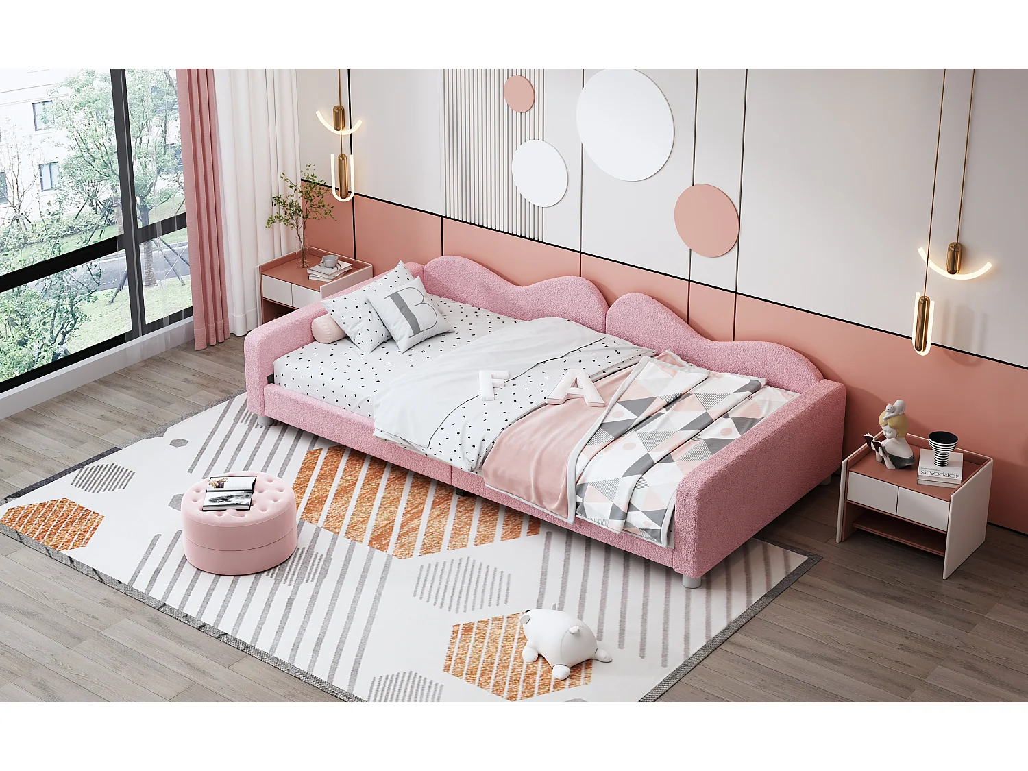 Lit enfant rembourré 90x200 cm, canapé-lit en tissu Teddy, dossier et accoudoirs, lit multifonction, rose