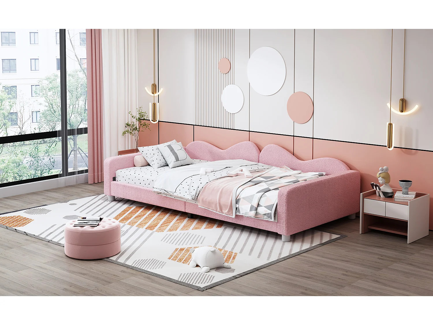 Lit enfant rembourré 90x200 cm, canapé-lit en tissu Teddy, dossier et accoudoirs, lit multifonction, rose