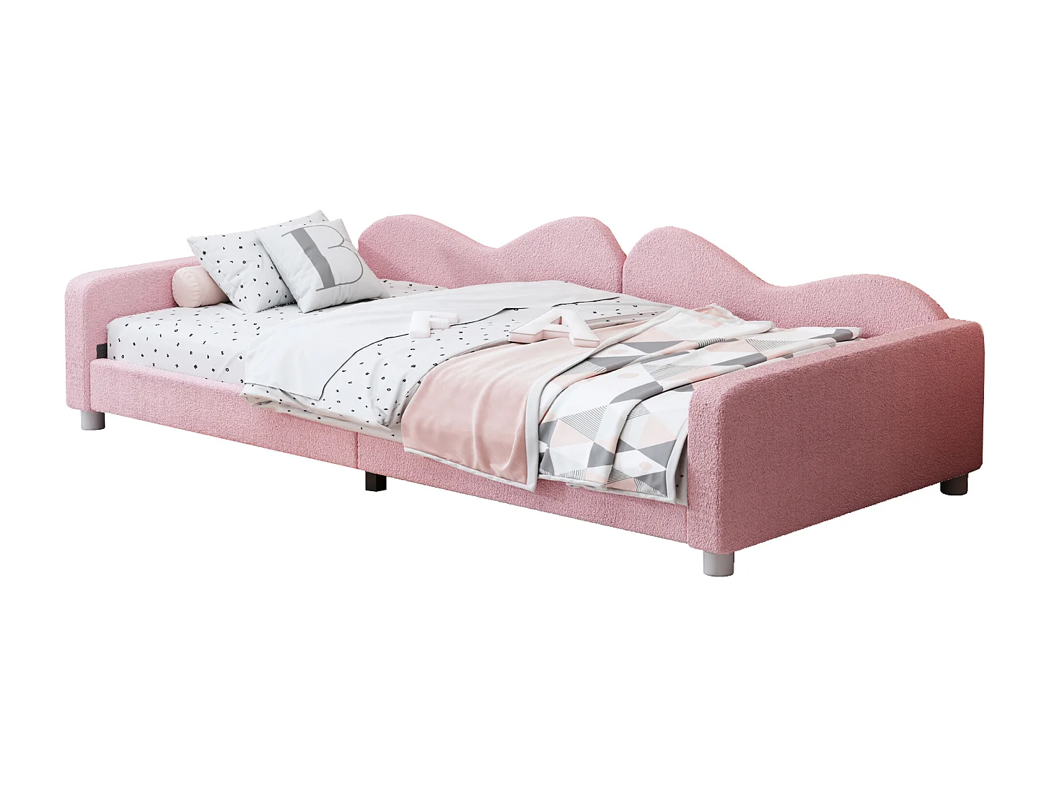 Lit enfant rembourré 90x200 cm, canapé-lit en tissu Teddy, dossier et accoudoirs, lit multifonction, rose