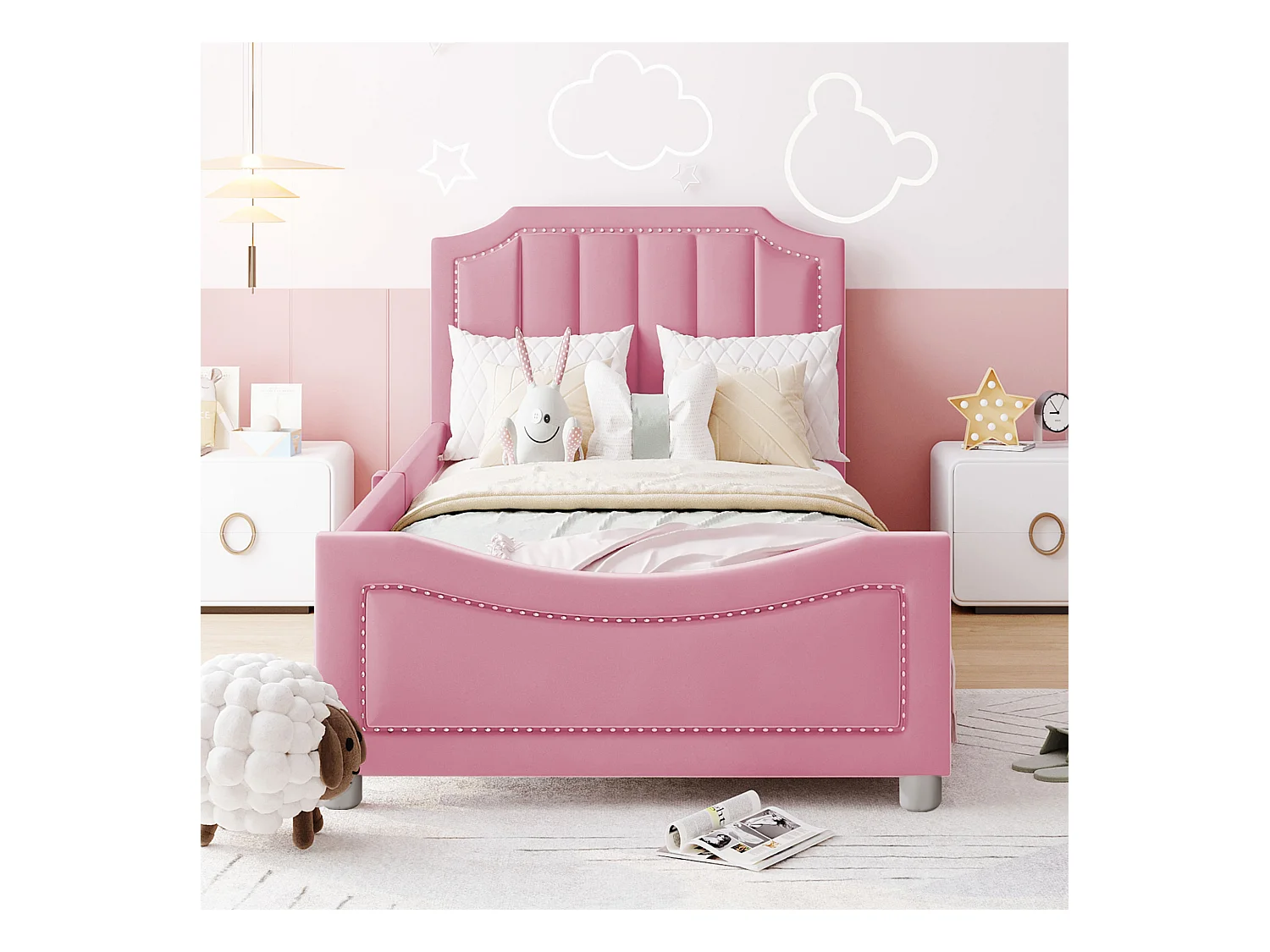 Lit enfant rembourré 90x200 cm, canapé-lit flanelle, dossier et accoudoirs, lit parent-enfant, multifonction, rose