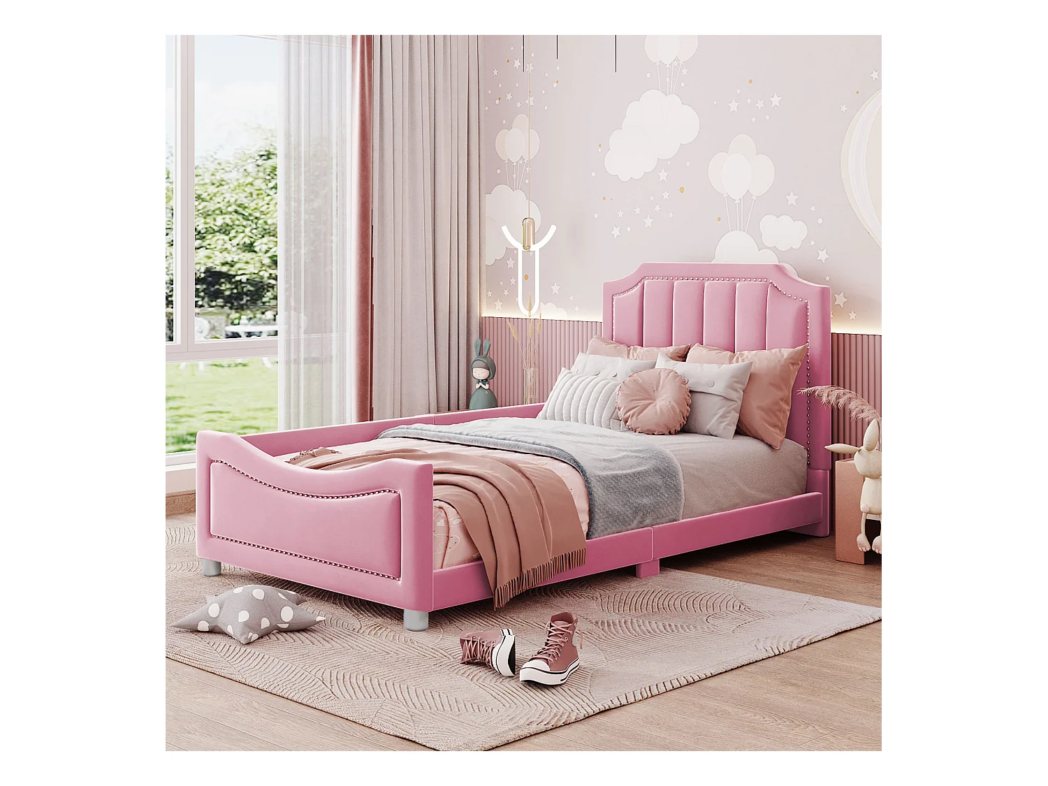 Lit enfant rembourré 90x200 cm, canapé-lit flanelle, dossier et accoudoirs, lit parent-enfant, multifonction, rose