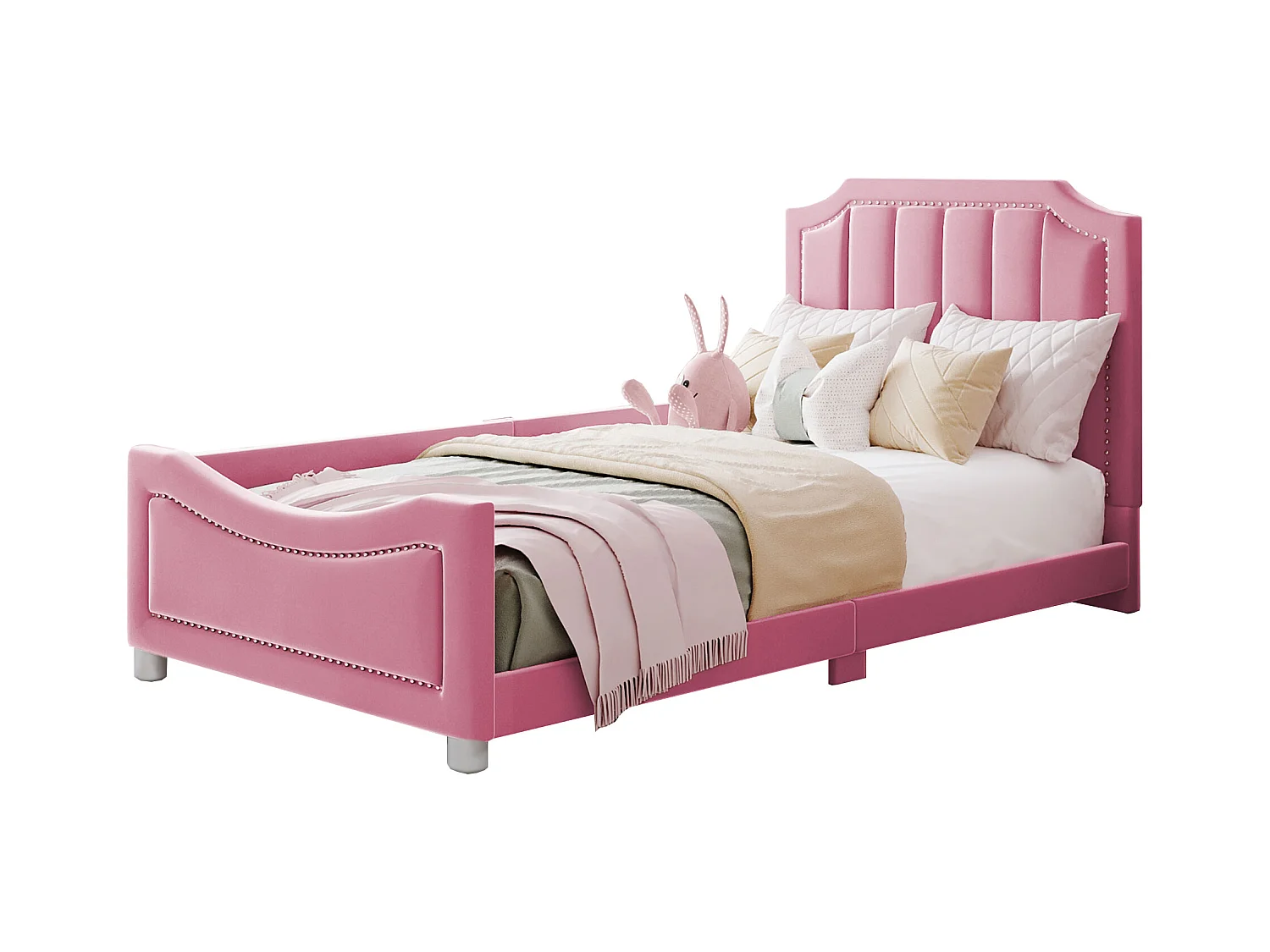 Lit enfant rembourré 90x200 cm, canapé-lit flanelle, dossier et accoudoirs, lit parent-enfant, multifonction, rose