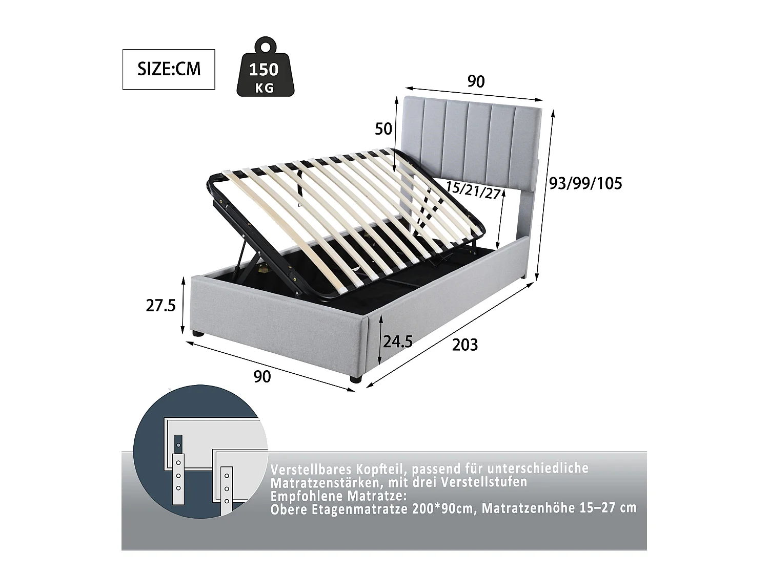 Lit enfant rembourré 90x200 cm avec coffre hydraulique, sommier inclus, velours lin gris, lit multifonction