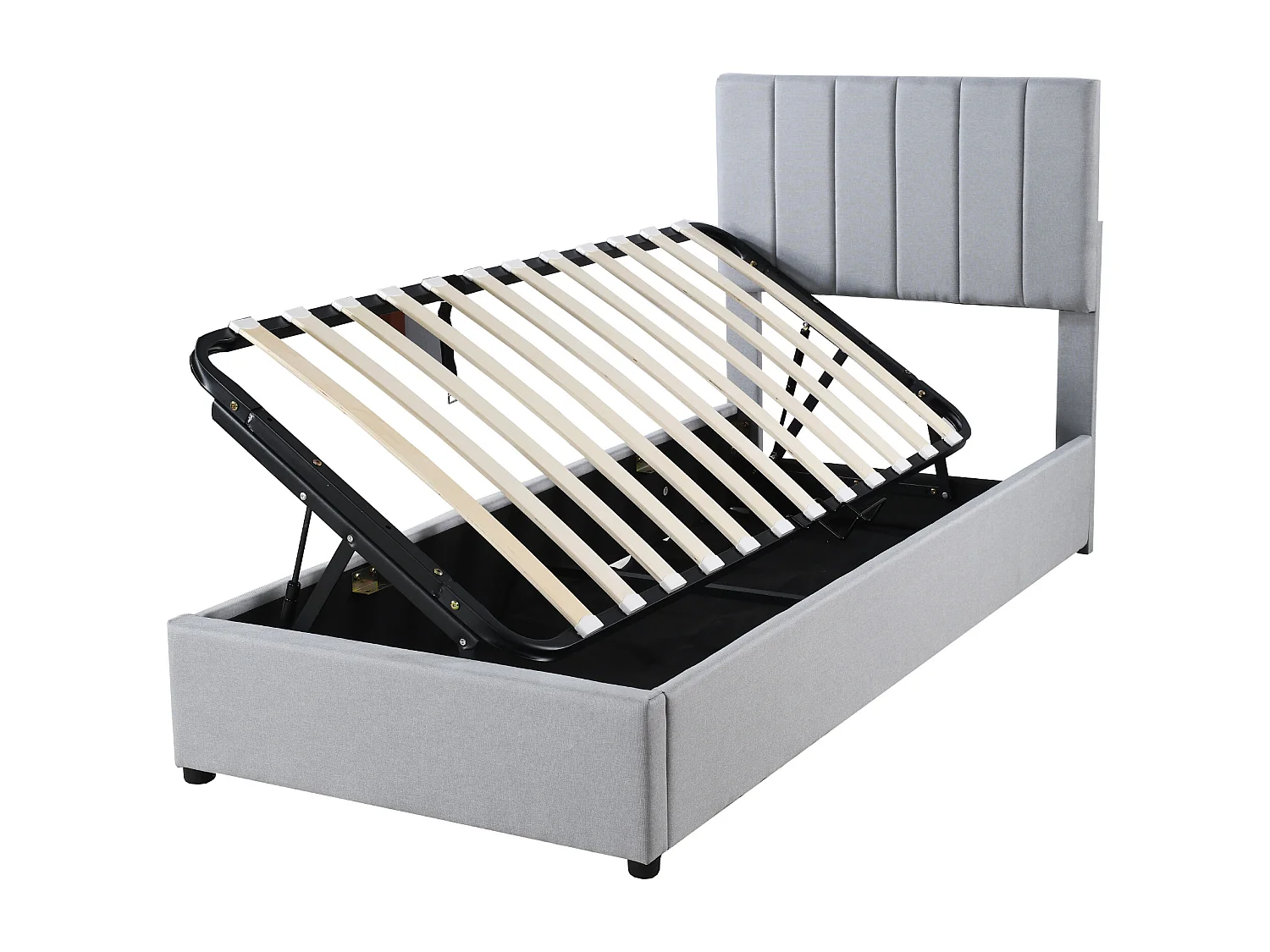 Lit enfant rembourré 90x200 cm avec coffre hydraulique, sommier inclus, velours lin gris, lit multifonction