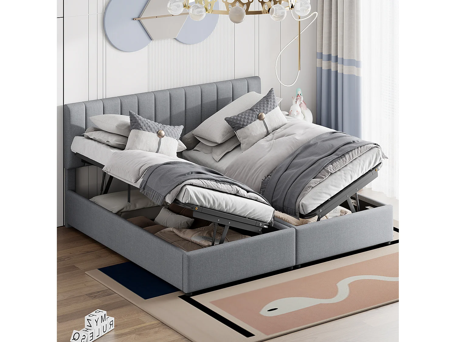 Lit rembourré 180x200 cm avec coffre hydraulique, sommier inclus, velours lin gris, lit double multifonction