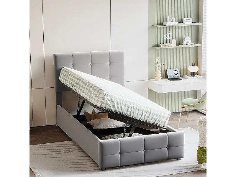 Lit enfant 90x200 cm, lit rembourré avec espace de rangement, tête de lit réglable, velours gris