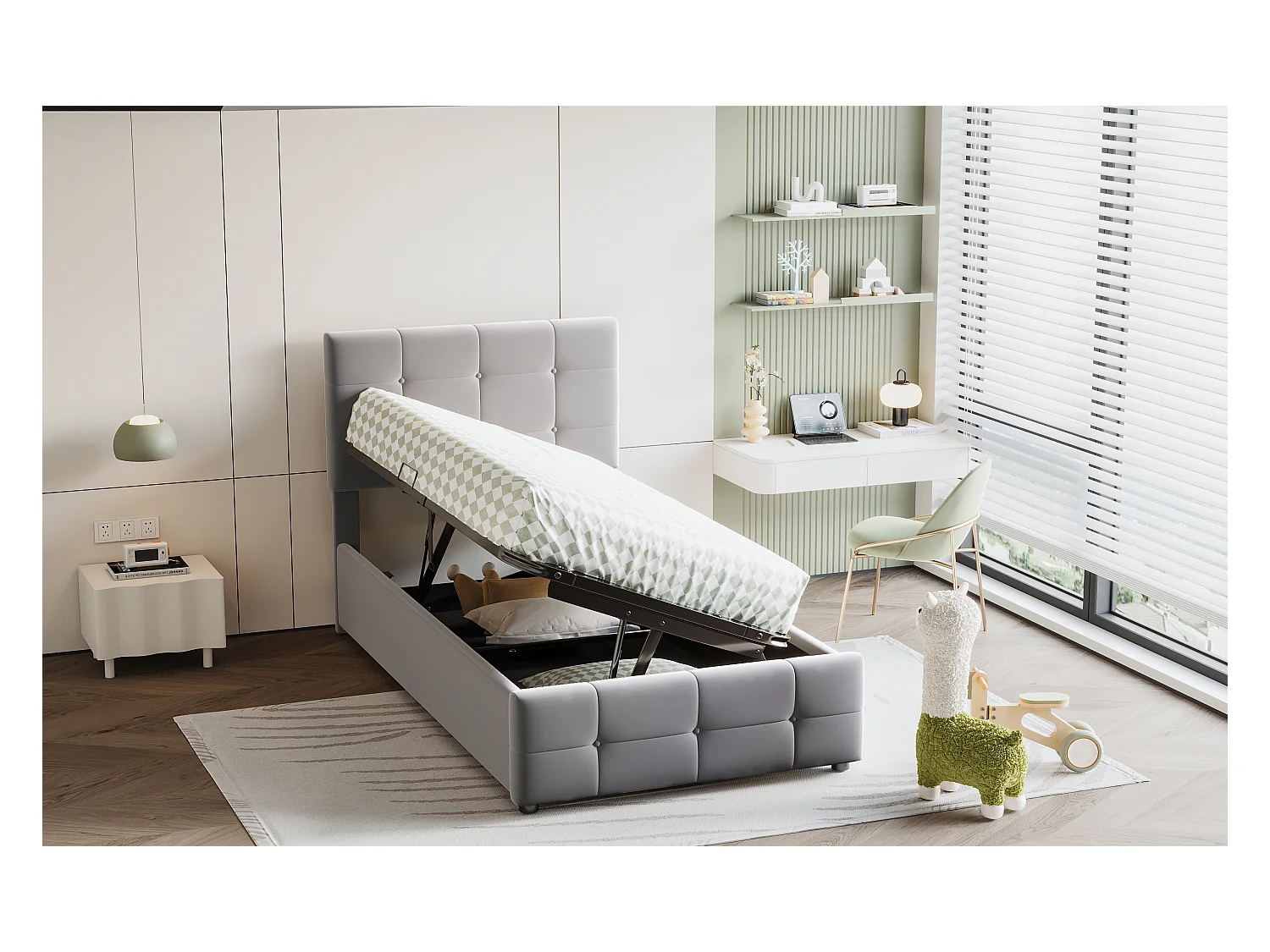 Lit enfant 90x200 cm, lit rembourré avec espace de rangement, tête de lit réglable, velours gris