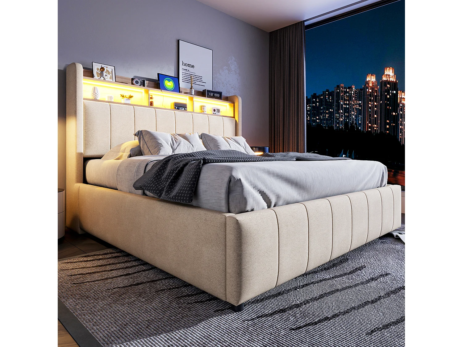 Lit rembourré 160×200 cm avec éclairage LED et prise USB, tête de lit avec étagères et rangement, hydraulique