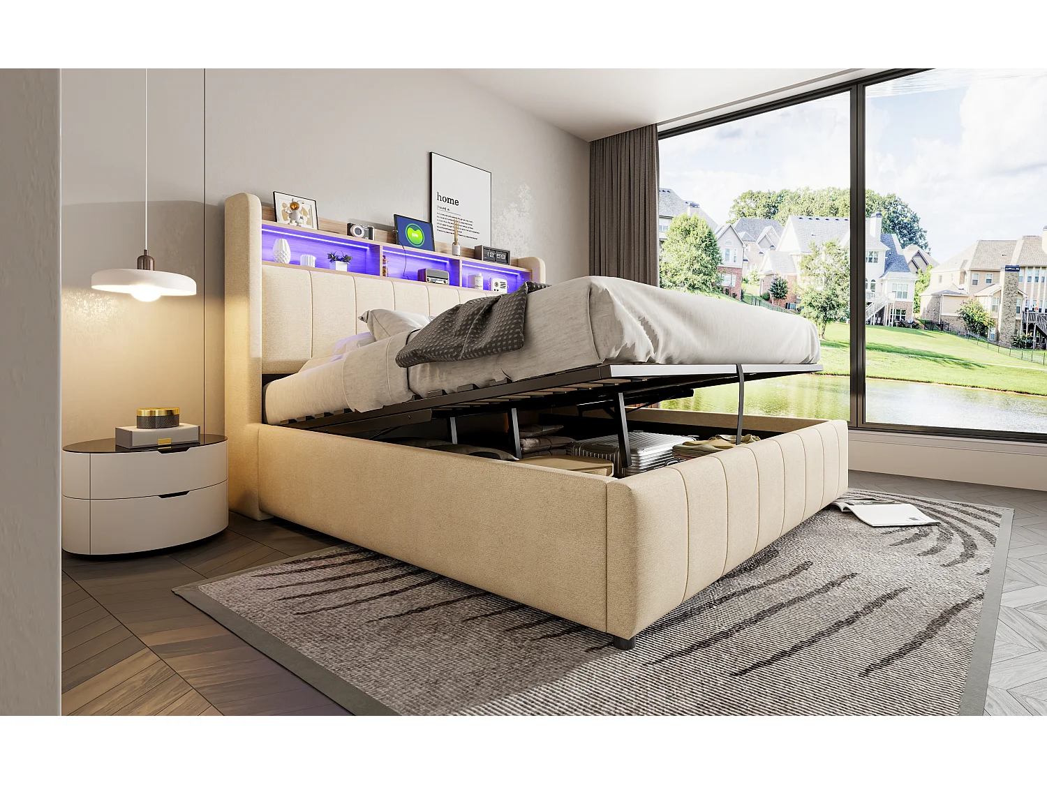 Lit rembourré 160×200 cm avec éclairage LED et prise USB, tête de lit avec étagères et rangement, hydraulique