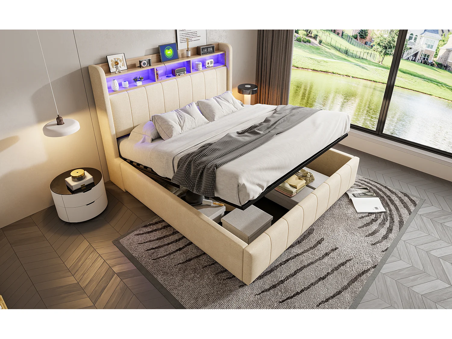 Lit rembourré 160×200 cm avec éclairage LED et prise USB, tête de lit avec étagères et rangement, hydraulique