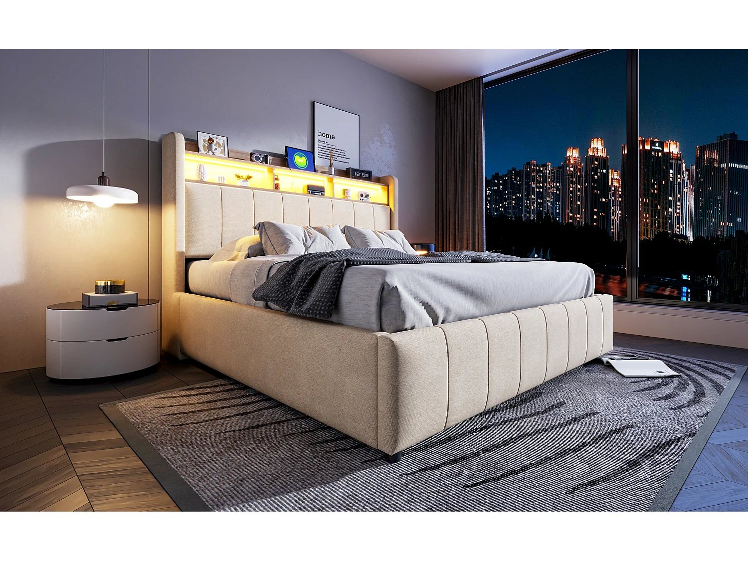 Lit rembourré 160×200 cm avec éclairage LED et prise USB, tête de lit avec étagères et rangement, hydraulique