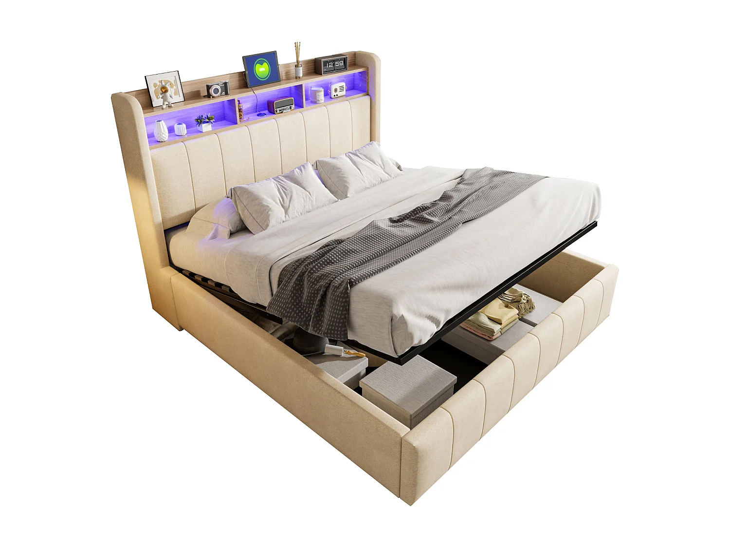 Lit rembourré 160×200 cm avec éclairage LED et prise USB, tête de lit avec étagères et rangement, hydraulique