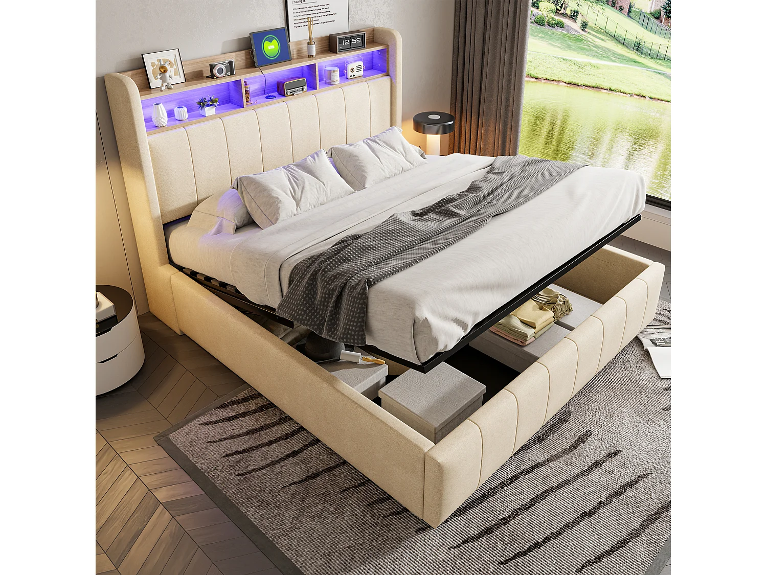 Lit rembourré 160×200 cm avec éclairage LED et prise USB, tête de lit avec étagères et rangement, hydraulique
