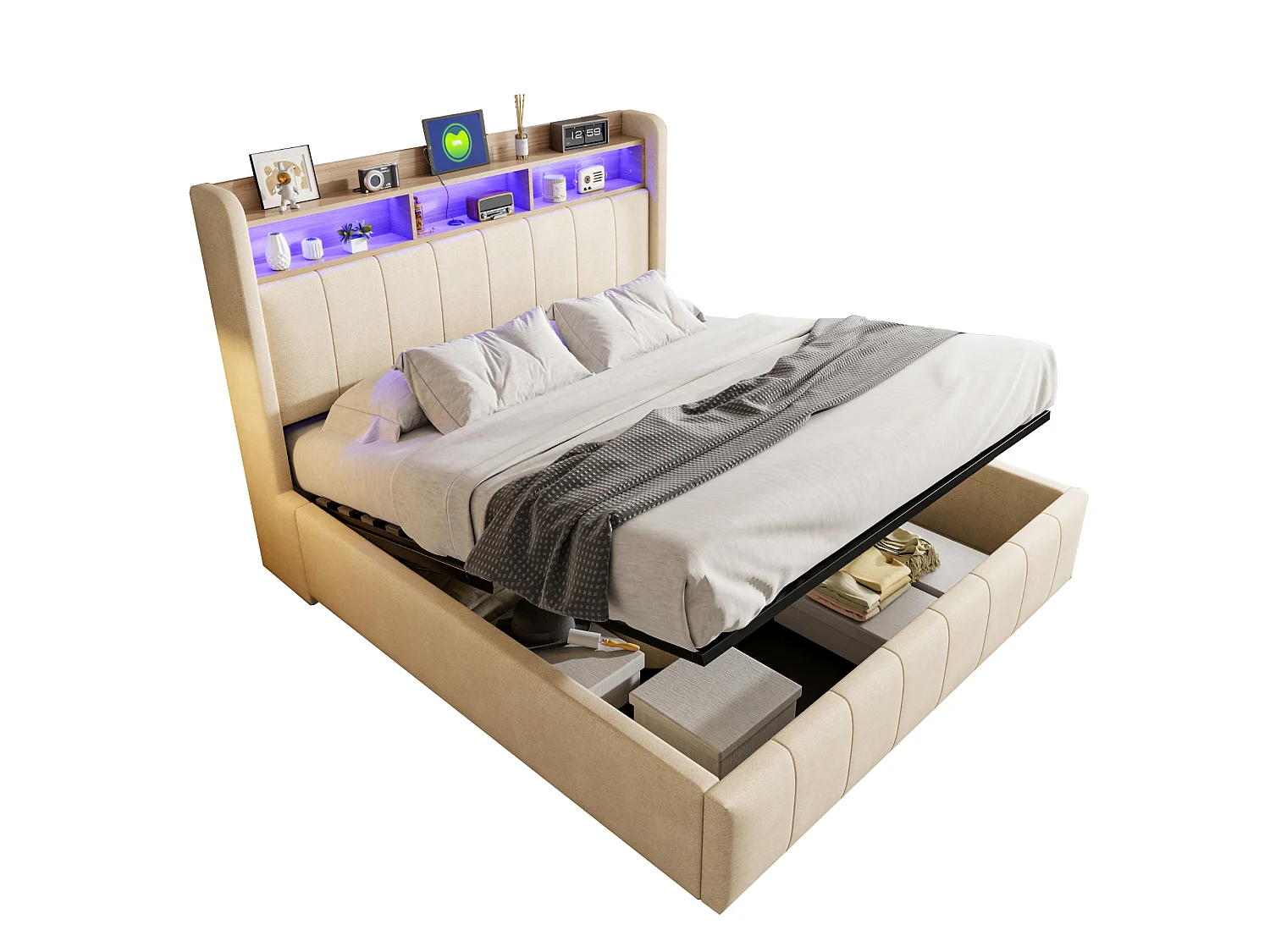 Lit rembourré 160×200 cm avec éclairage LED et prise USB, tête de lit avec étagères et rangement, hydraulique