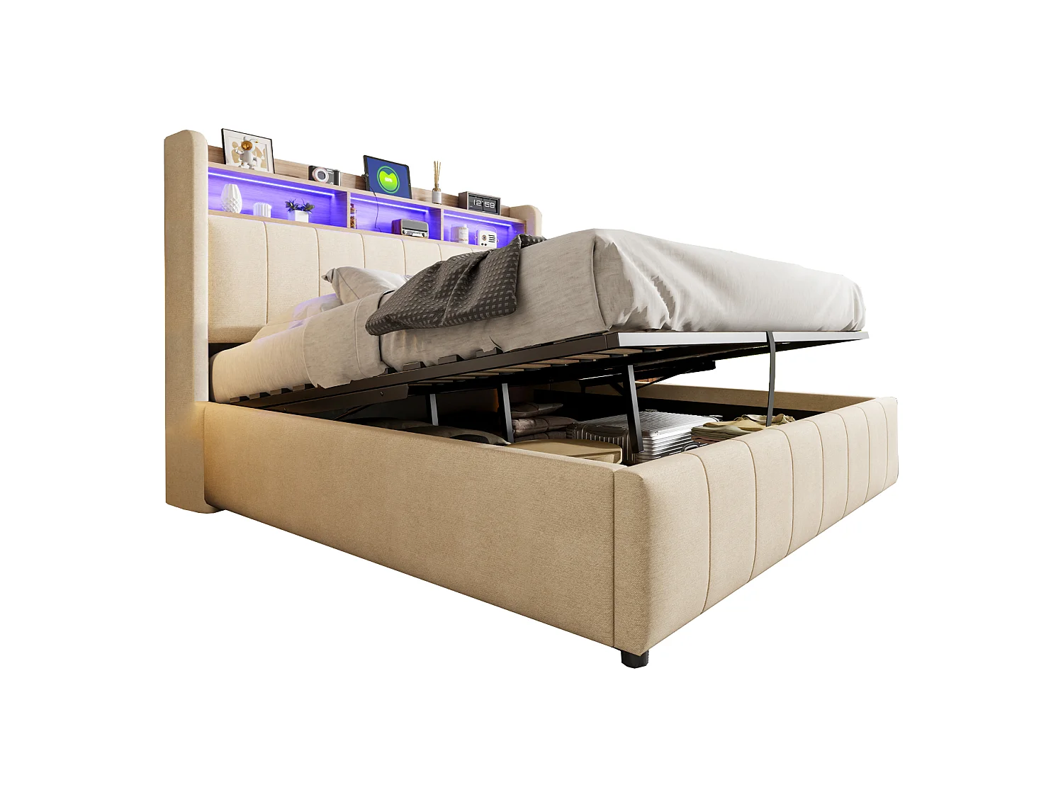 Lit rembourré 160×200 cm avec éclairage LED et prise USB, tête de lit avec étagères et rangement, hydraulique