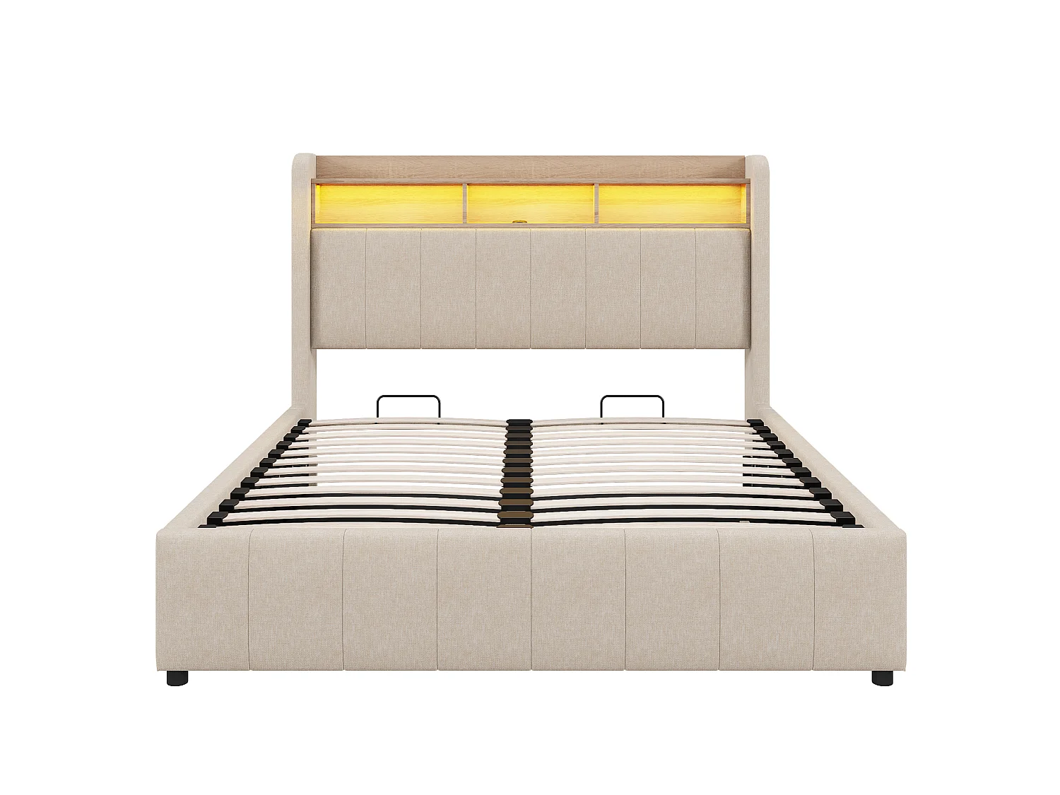 Lit rembourré 160×200 cm avec éclairage LED et prise USB, tête de lit avec étagères et rangement, hydraulique