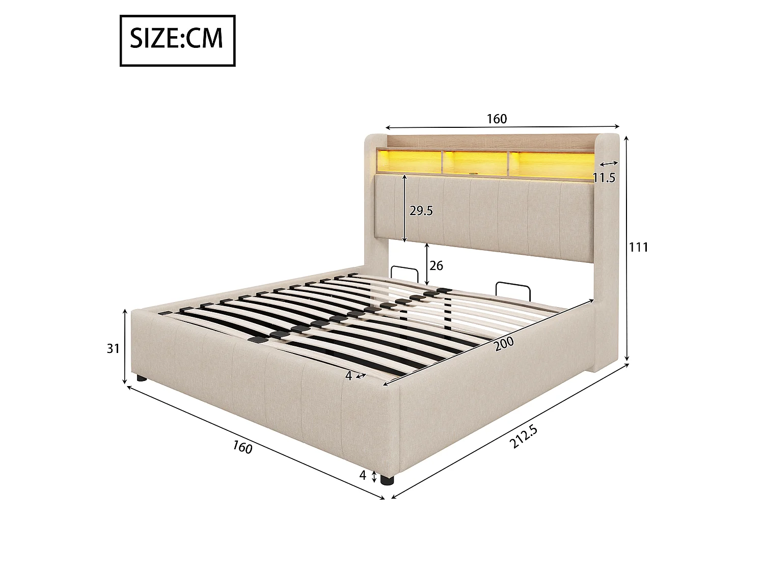 Lit rembourré 160×200 cm avec éclairage LED et prise USB, tête de lit avec étagères et rangement, hydraulique