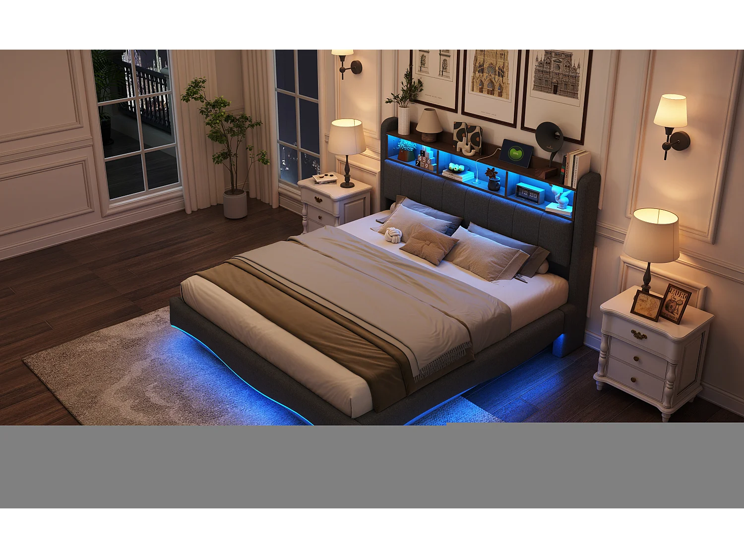 Lit suspendu design moderne 160×200 cm en tissu lin, lit de rangement multifonction avec éclairage LED et ports USB
