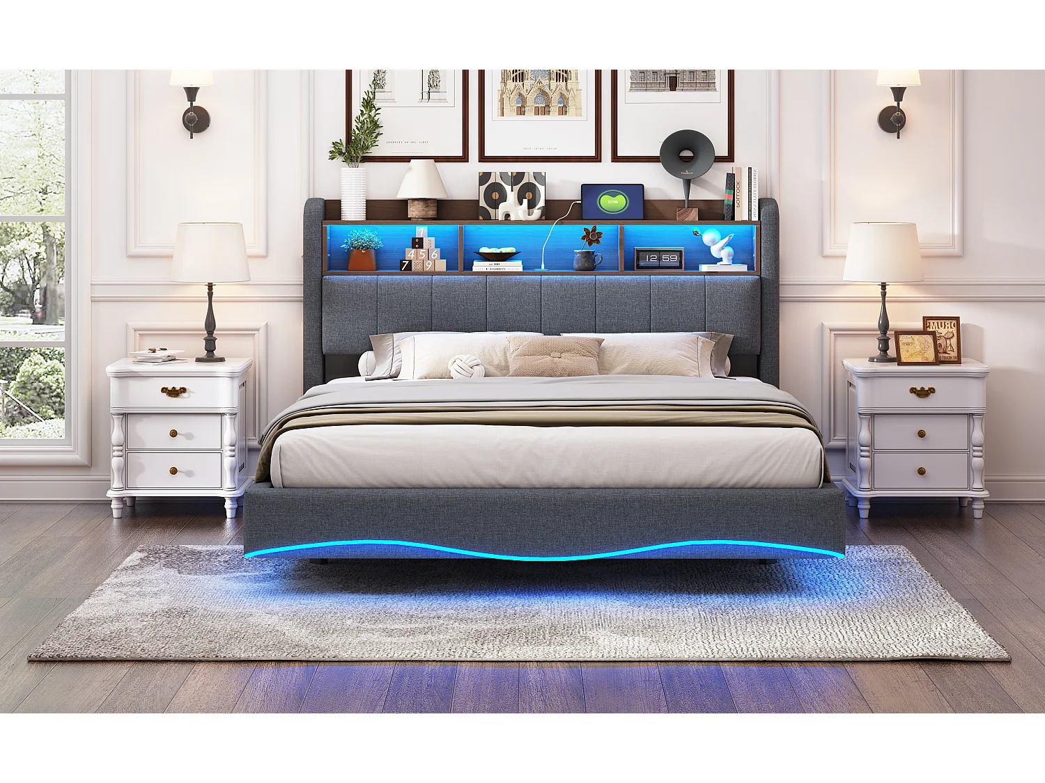 Lit suspendu design moderne 160×200 cm en tissu lin, lit de rangement multifonction avec éclairage LED et ports USB