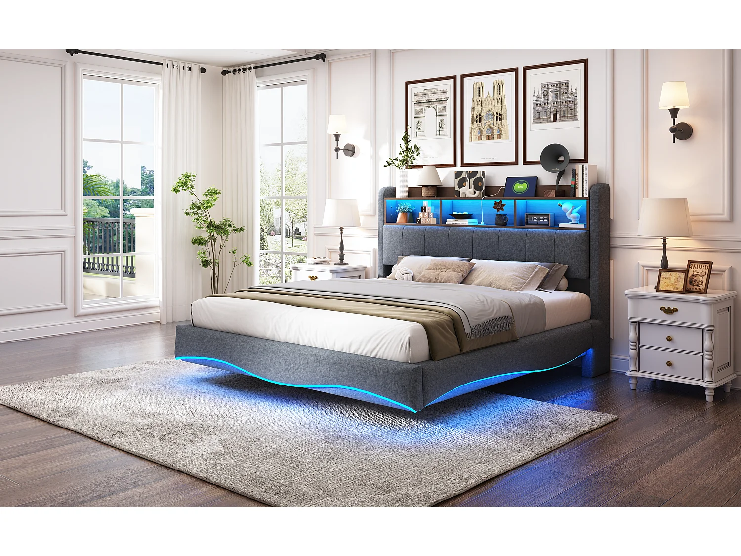 Lit suspendu design moderne 160×200 cm en tissu lin, lit de rangement multifonction avec éclairage LED et ports USB