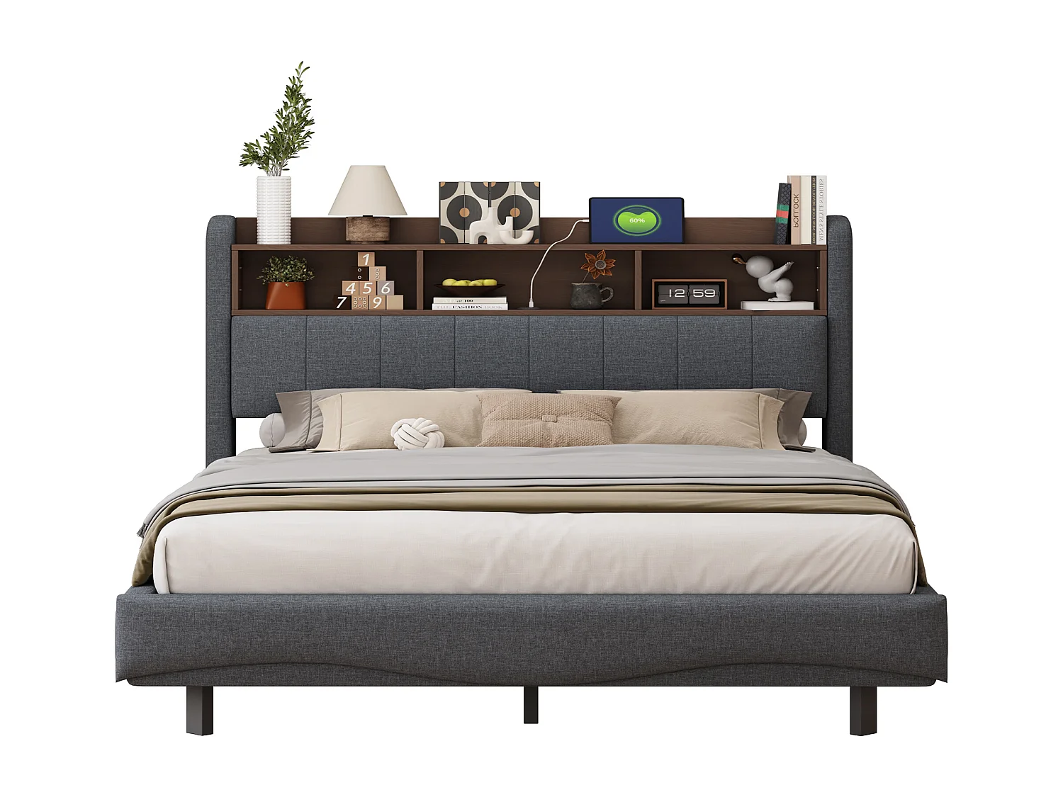 Lit suspendu design moderne 160×200 cm en tissu lin, lit de rangement multifonction avec éclairage LED et ports USB