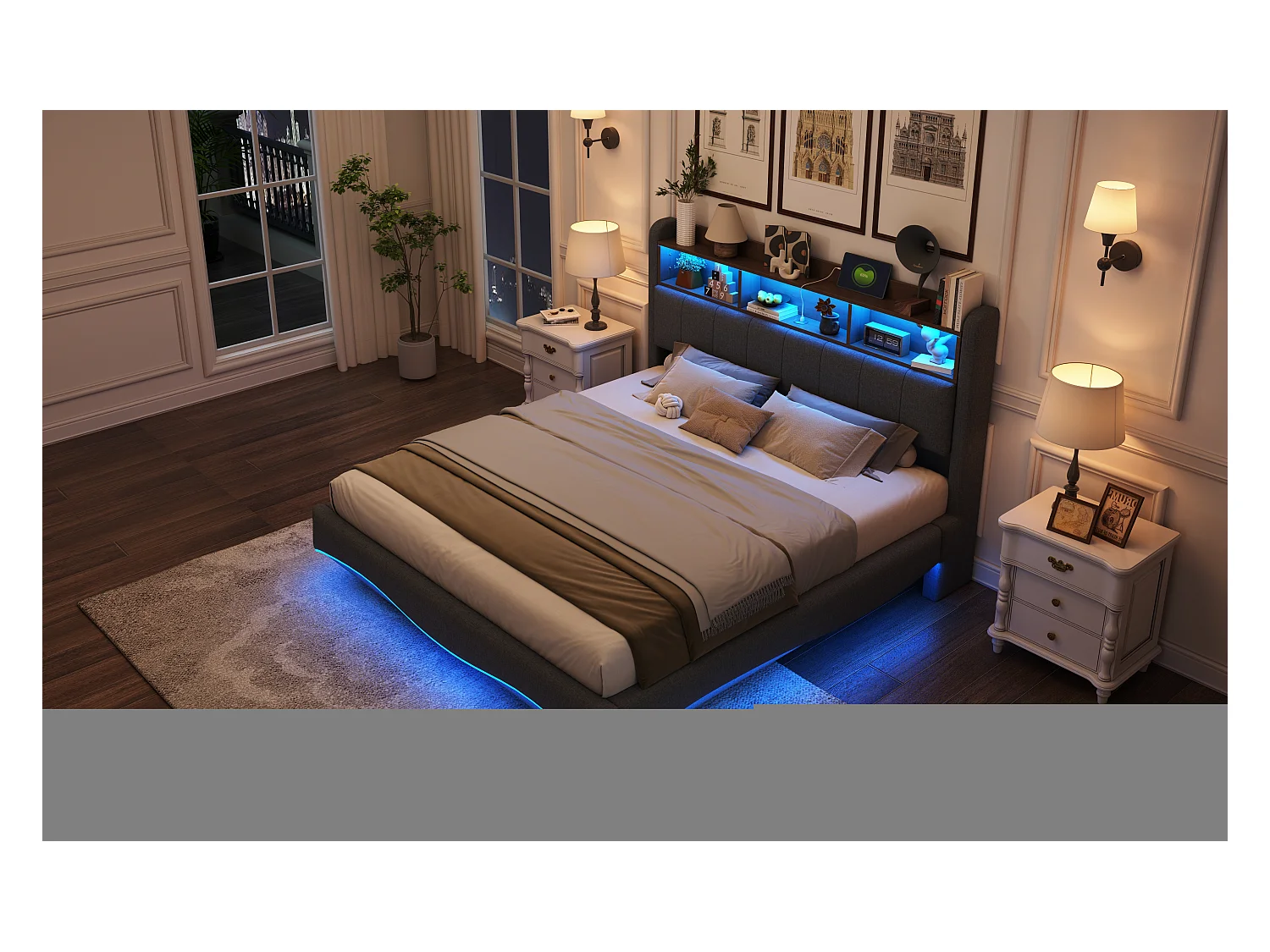 Lit suspendu design moderne 160×200 cm en tissu lin, lit de rangement multifonction avec éclairage LED et ports USB